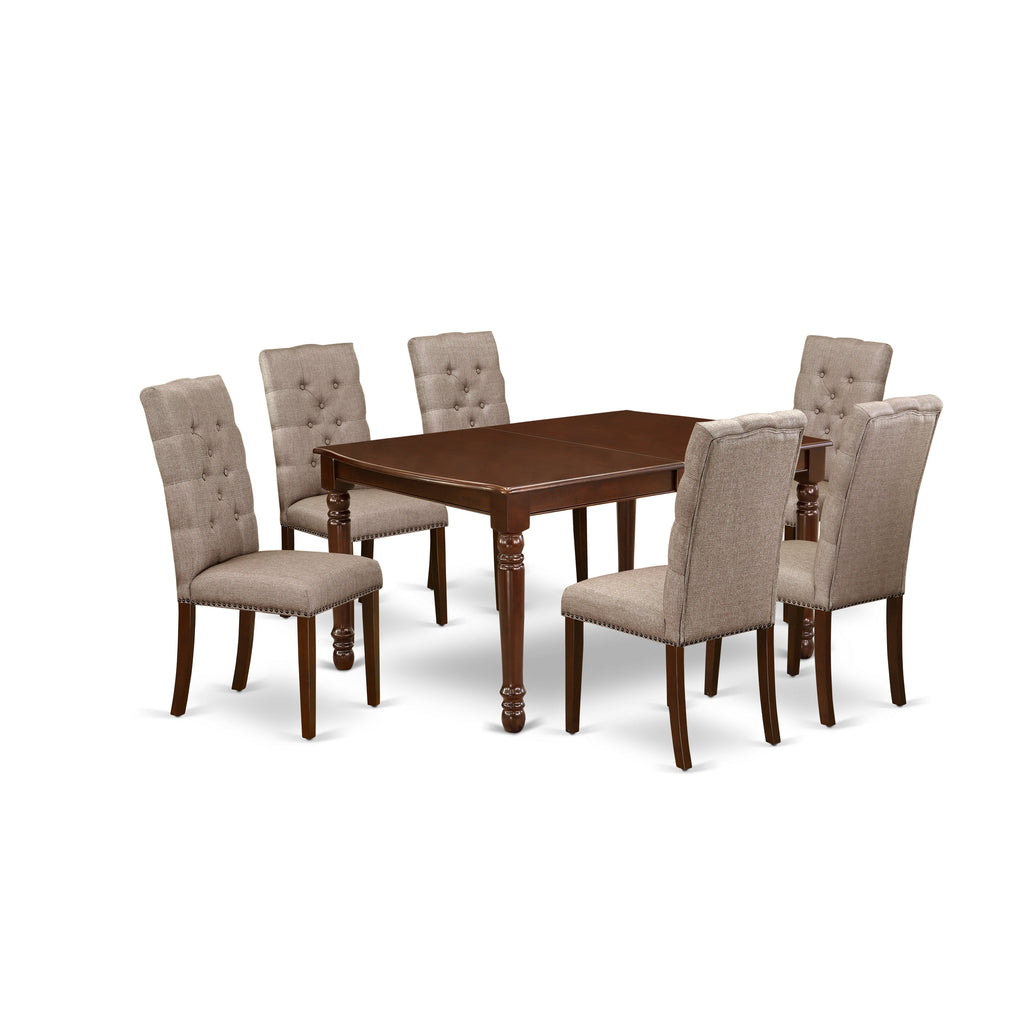 East West Furniture DOEL7-MAH-16 7 Piece Dining Set Consist of a Rectangle Dining Room Table with Butterfly Leaf and 6 Dark Khaki Linen Fabric Upholstered Chairs