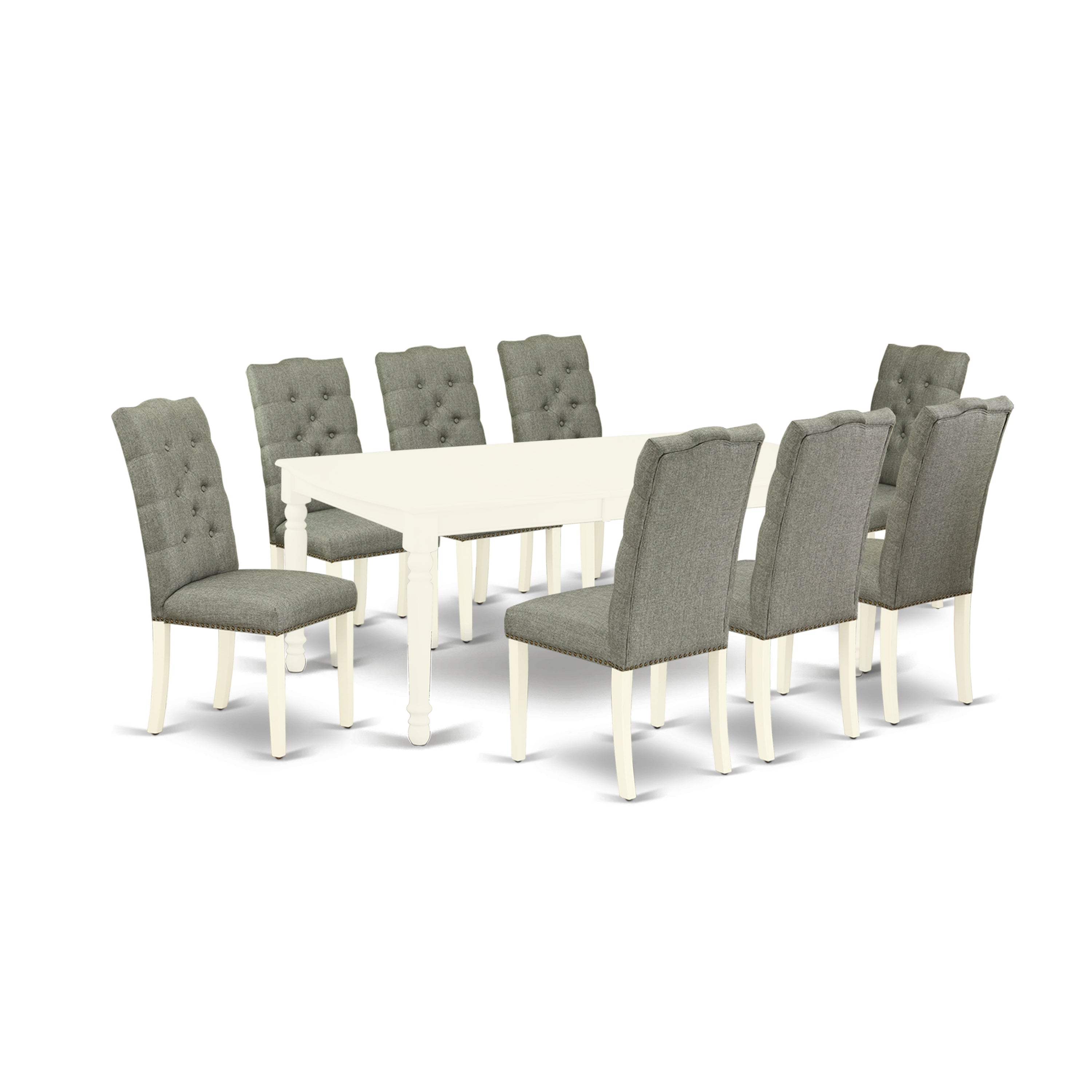 El juego de mesa de comedor de 9 piezas East West Furniture DOEL9-LWH-07 incluye una mesa de cocina rectangular con diseño de hojas de mariposa y 8 sillas de comedor Parson de tela de lino gris.