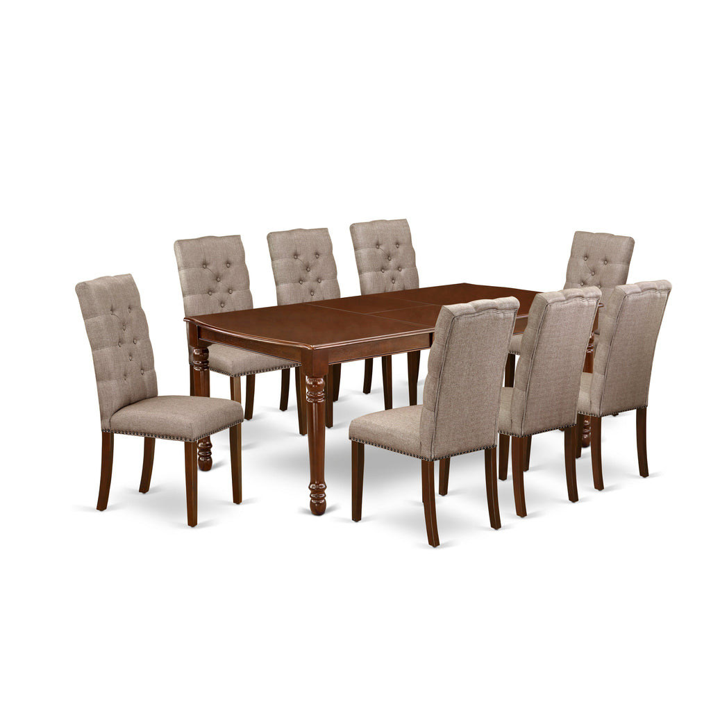 East West Furniture DOEL9-MAH-16 9 Piece Dining Room Set Includes a Rectangle Butterfly Leaf Kitchen Table and 8 Dark Khaki Linen Fabric Parsons Dining Chairs