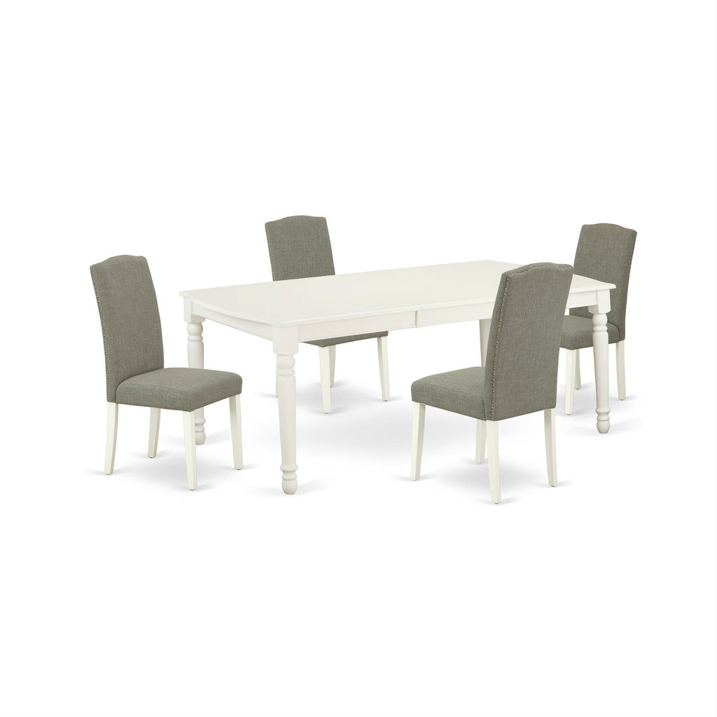East West Furniture DOEN5-LWH-06 5 Piece Dining Set Includes a Rectangle Dining Room Table with Butterfly Leaf and 4 Dark Shitake Linen Fabric Upholstered Chairs