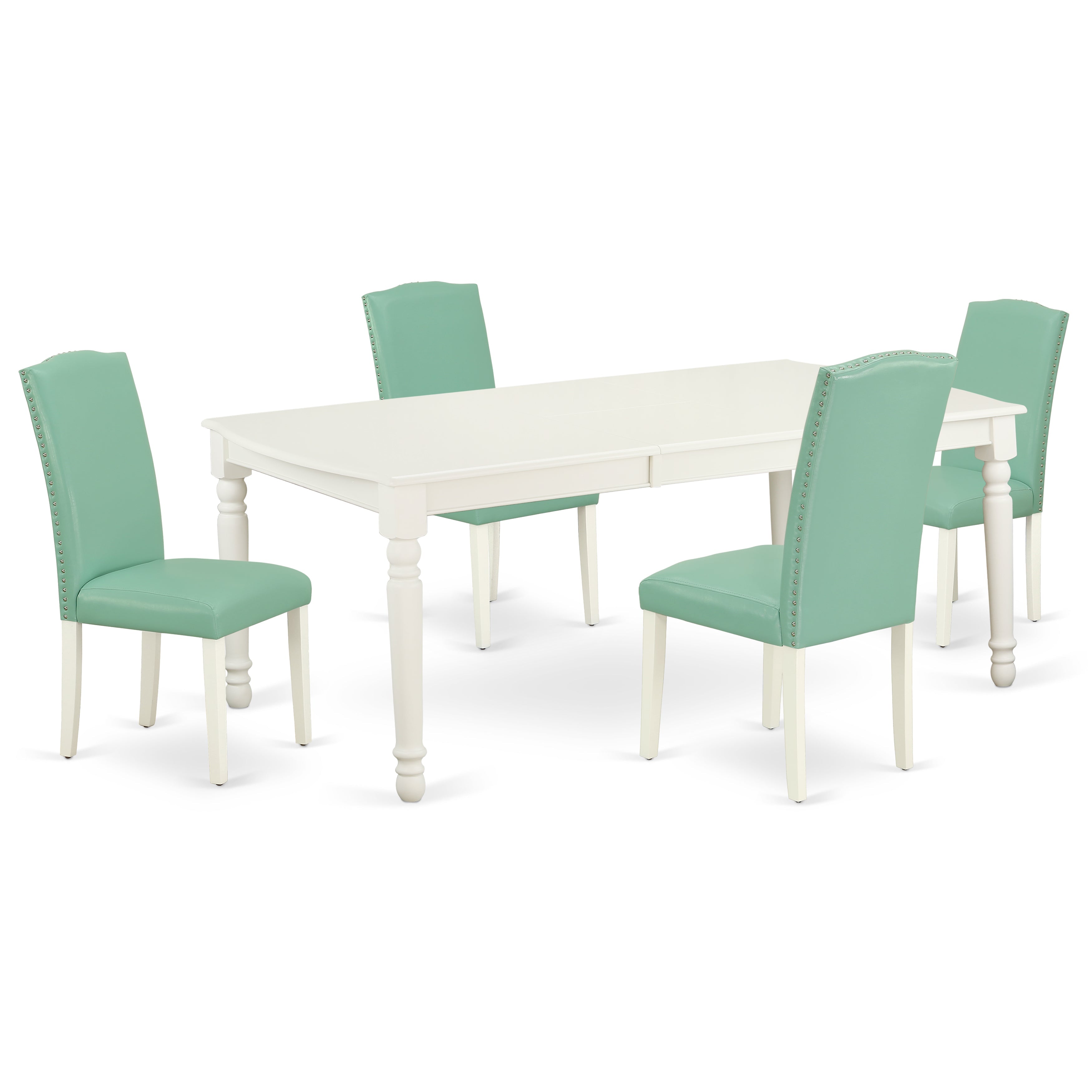 DOEN5-LWH-57 5Pc Rectangular 60/78" Table With 18 In Leaf And Four Parson Chair With Linen White Leg And Pu Leather Color Pond