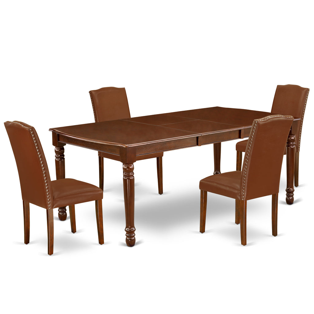DOEN5-MAH-66 5Pc Dining Set - 42x78" Rectangular Table and 4 Parson Chairs - Mahogany Color