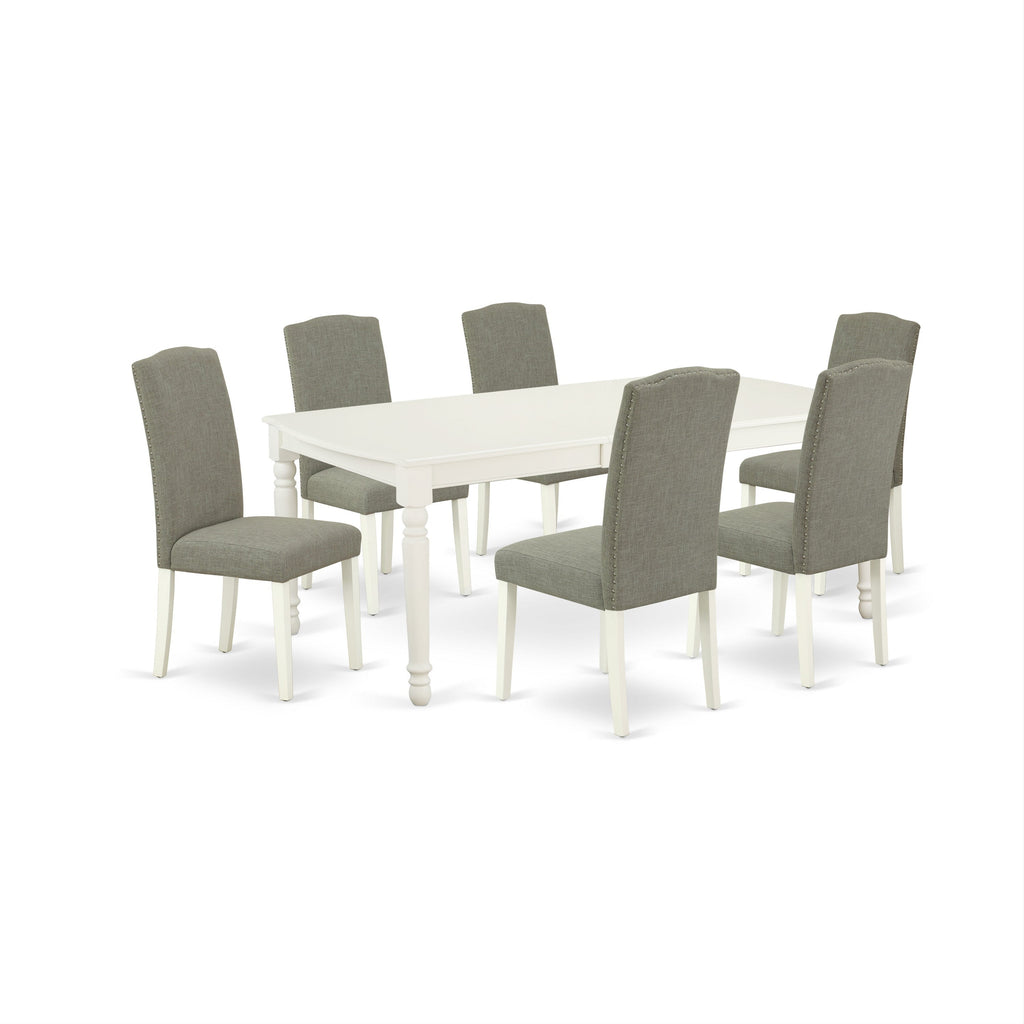 Juego de comedor de 7 piezas East West Furniture DOEN7-LWH-06 compuesto por una mesa rectangular de madera con diseño de hojas de mariposa y 6 sillas de comedor Parson de tela de lino shitake oscuro.