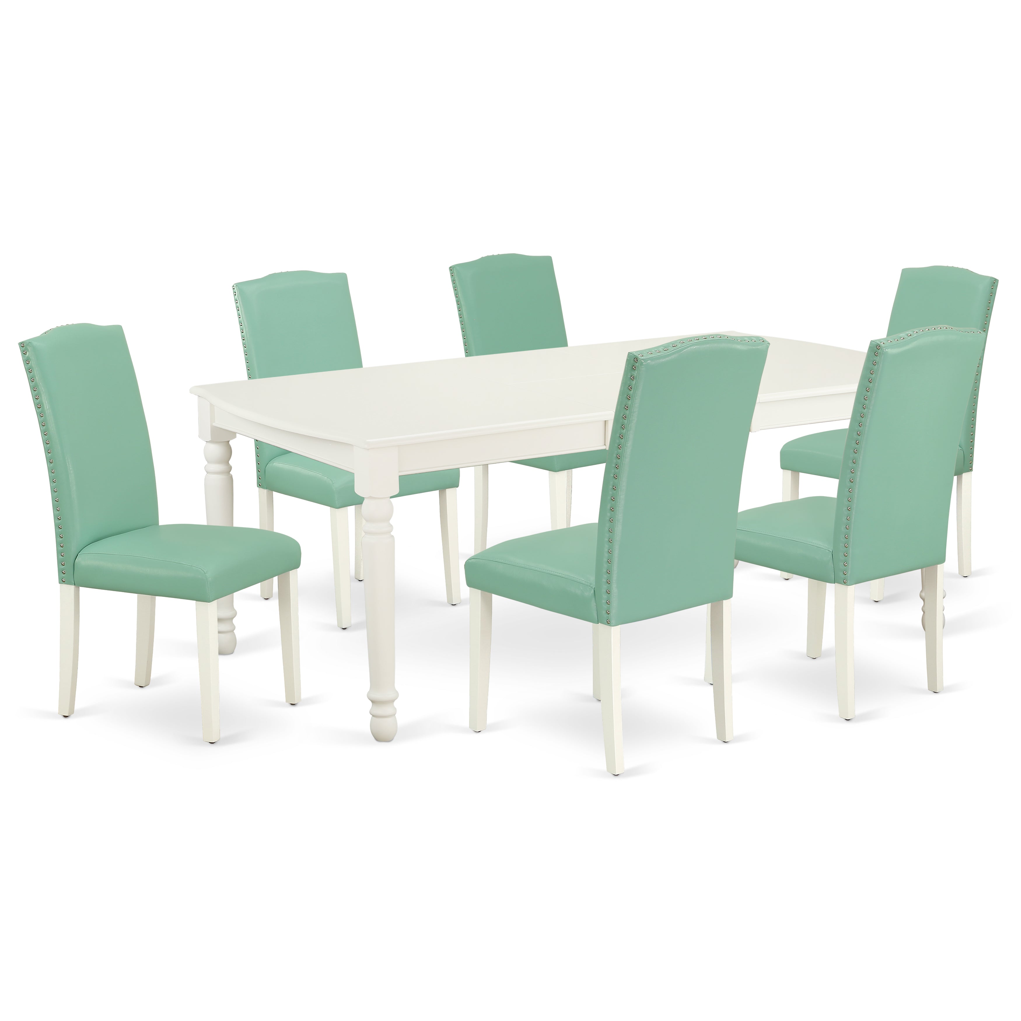 Juego de comedor de 7 piezas East West Furniture DOEN7-LWH-57 compuesto por una mesa rectangular de madera con diseño de hojas de mariposa y 6 sillas Parson de piel sintética con estampado de estanque.