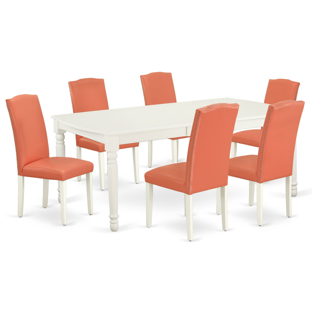 Juego de comedor de 7 piezas East West Furniture DOEN7-LWH-78 compuesto por una mesa rectangular con diseño de hojas de mariposa y 6 sillas tapizadas en piel sintética con diseño de flamencos rosados.