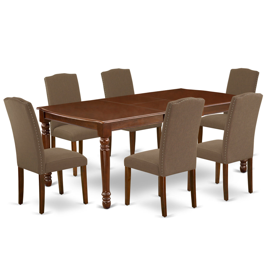 East West Furniture DOEN7-MAH-18 7 Piece Dining Table Set Consist of a Rectangle Wooden Table with Butterfly Leaf and 6 Dark Coffee Linen Fabric Upholstered Chairs