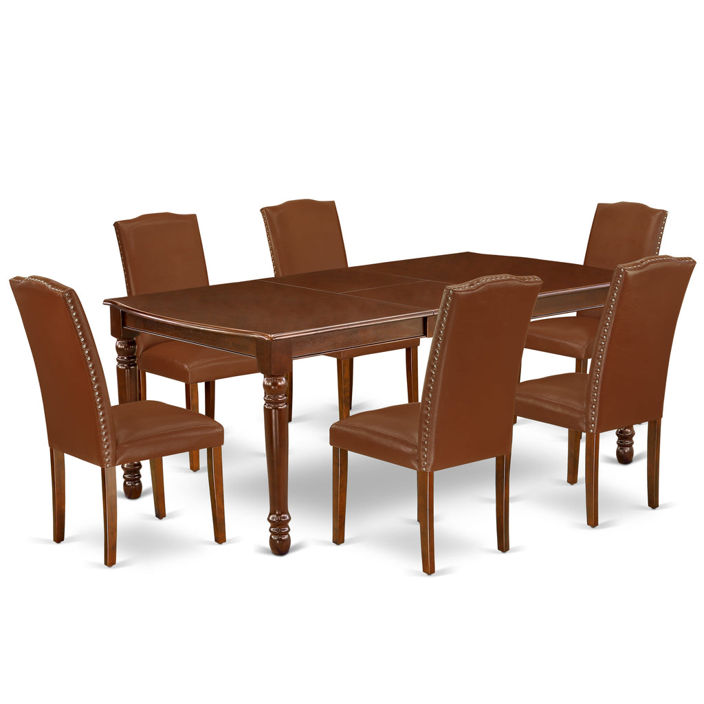 Juego de mesa de comedor de 7 piezas East West Furniture DOEN7-MAH-66 compuesto por una mesa rectangular con diseño de hojas de mariposa y 6 sillas Parson de piel sintética marrón.