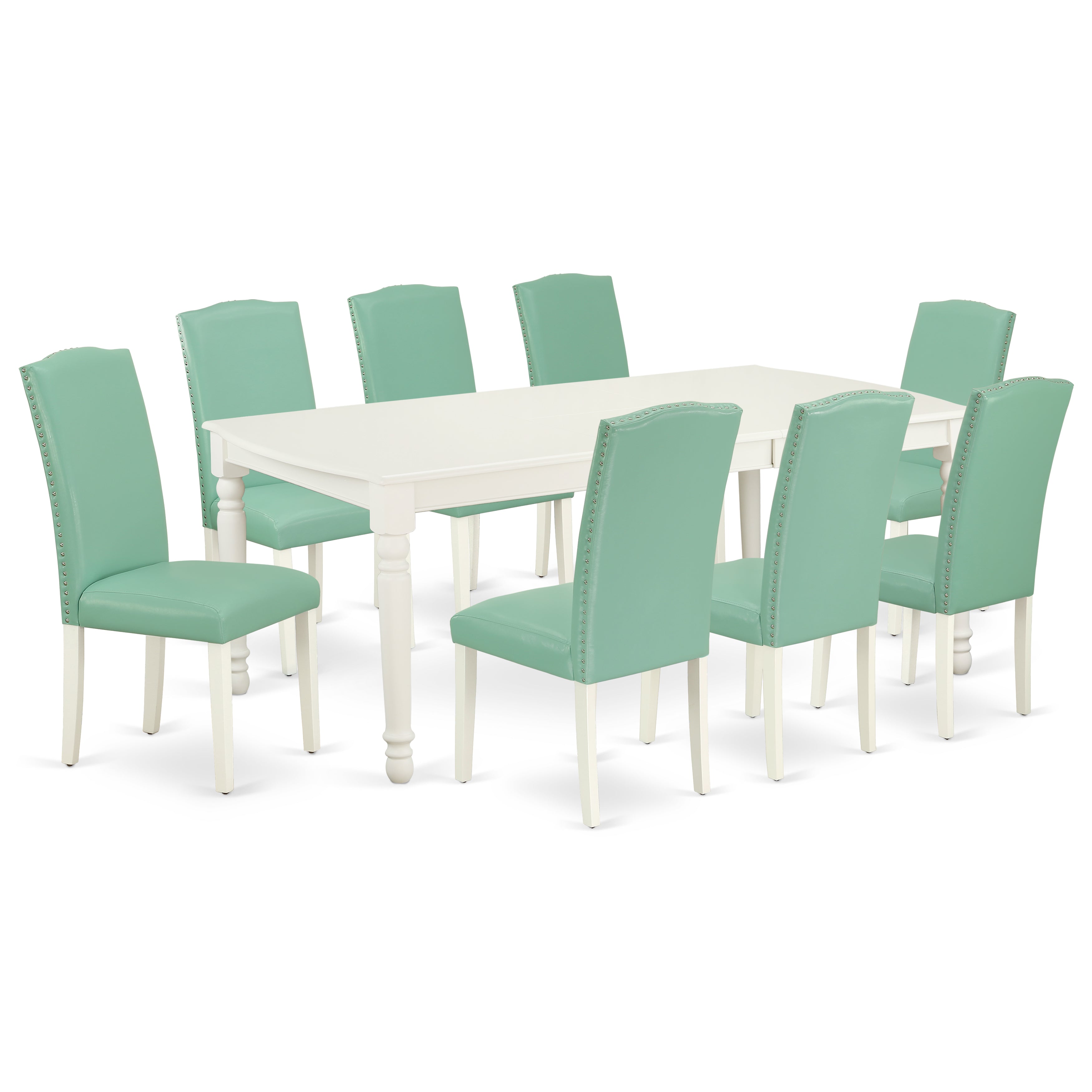 Juego de mesa de comedor moderna de 9 piezas East West Furniture DOEN9-LWH-57. Incluye una mesa rectangular de madera con diseño de hojas de mariposa y 8 sillas de comedor Parsons de piel sintética con estampado de estanque.