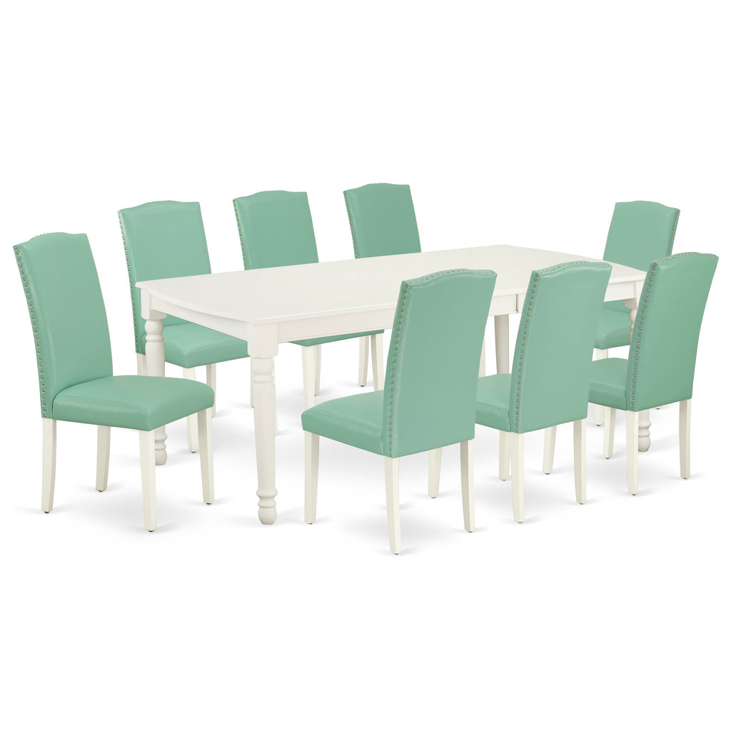 East West Furniture DOEN9-LWH-57 9 Piece Modern Dining Table Set Includes a Rectangle Wooden Table with Butterfly Leaf and 8 Pond Faux Leather Parsons Dining Chairs