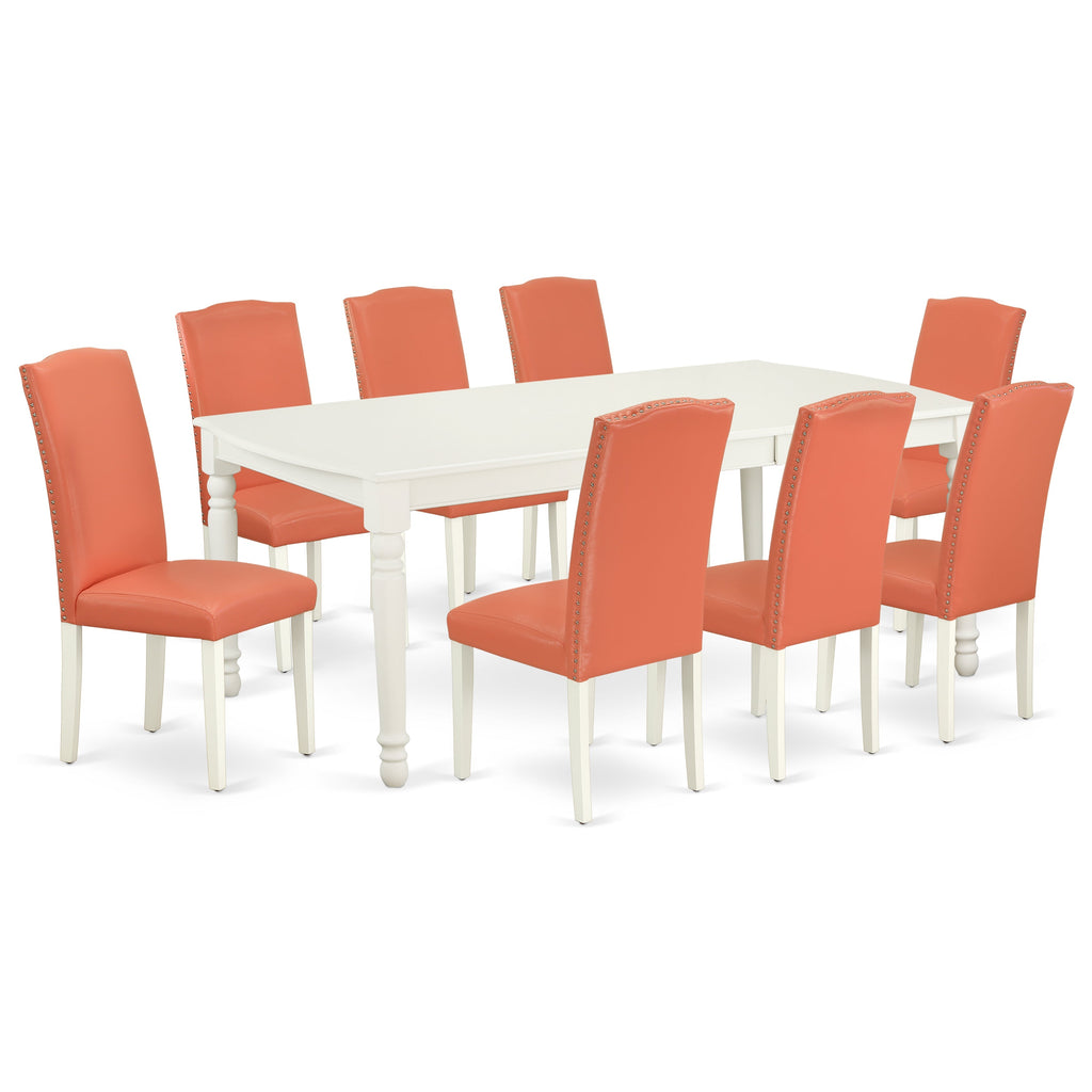 East West Furniture DOEN9-LWH-78 9 Piece Dining Set Includes a Rectangle Dining Room Table with Butterfly Leaf and 8 Pink Flamingo Faux Leather Upholstered Chairs