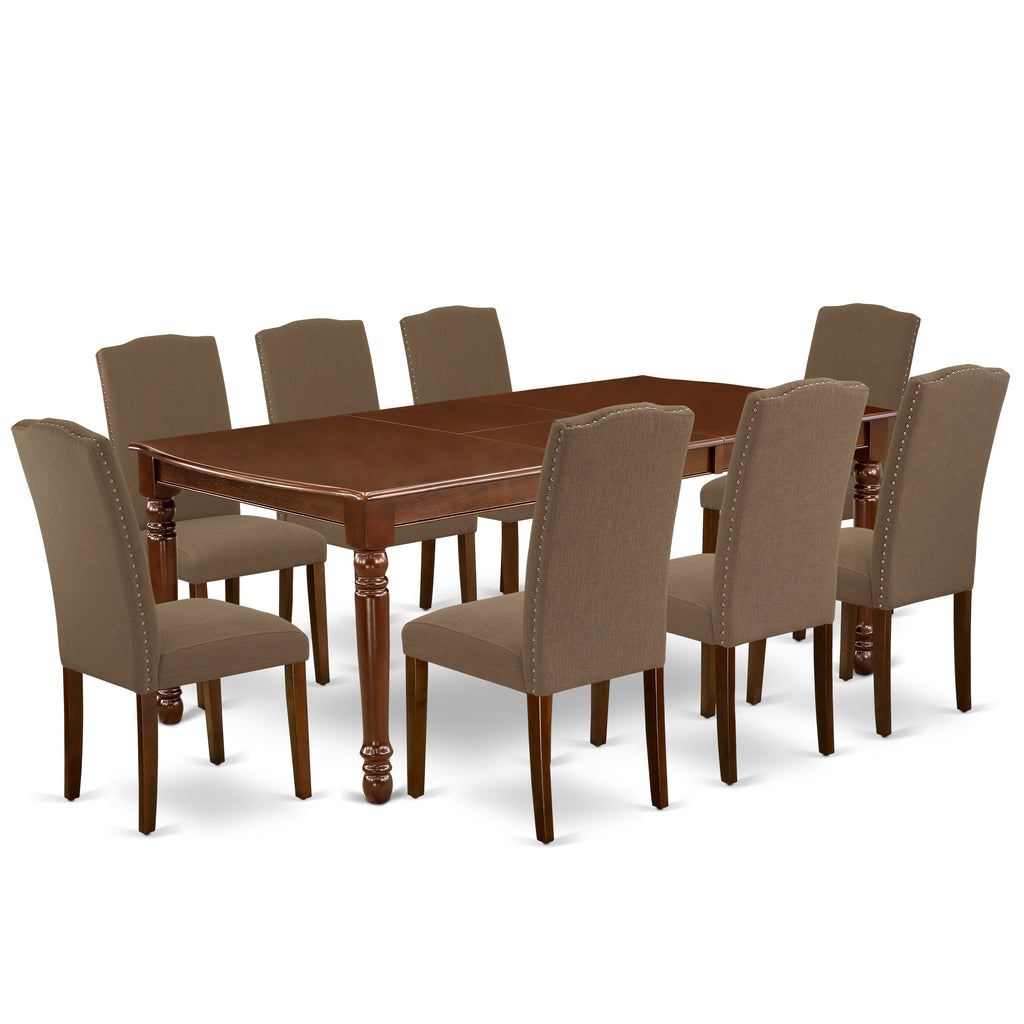 Juego de comedor East West Furniture DOEN9-MAH-18 de 9 piezas. Incluye una mesa de comedor rectangular con diseño de hojas de mariposa y 8 sillas tapizadas en tela de lino color café oscuro.