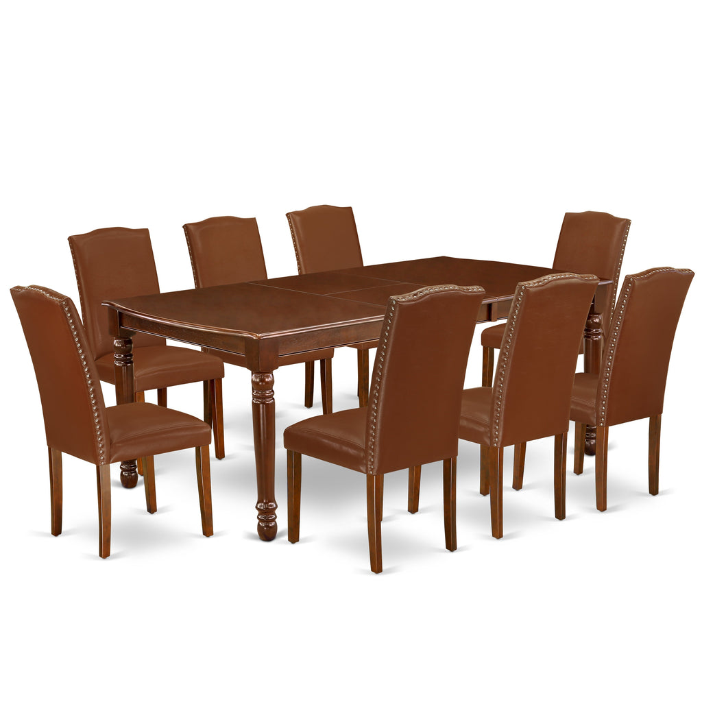 East West Furniture DOEN9-MAH-66 9 Piece Kitchen Table Set Includes a Rectangle Dining Table with Butterfly Leaf and 8 Brown Faux Faux Leather Parson Chairs