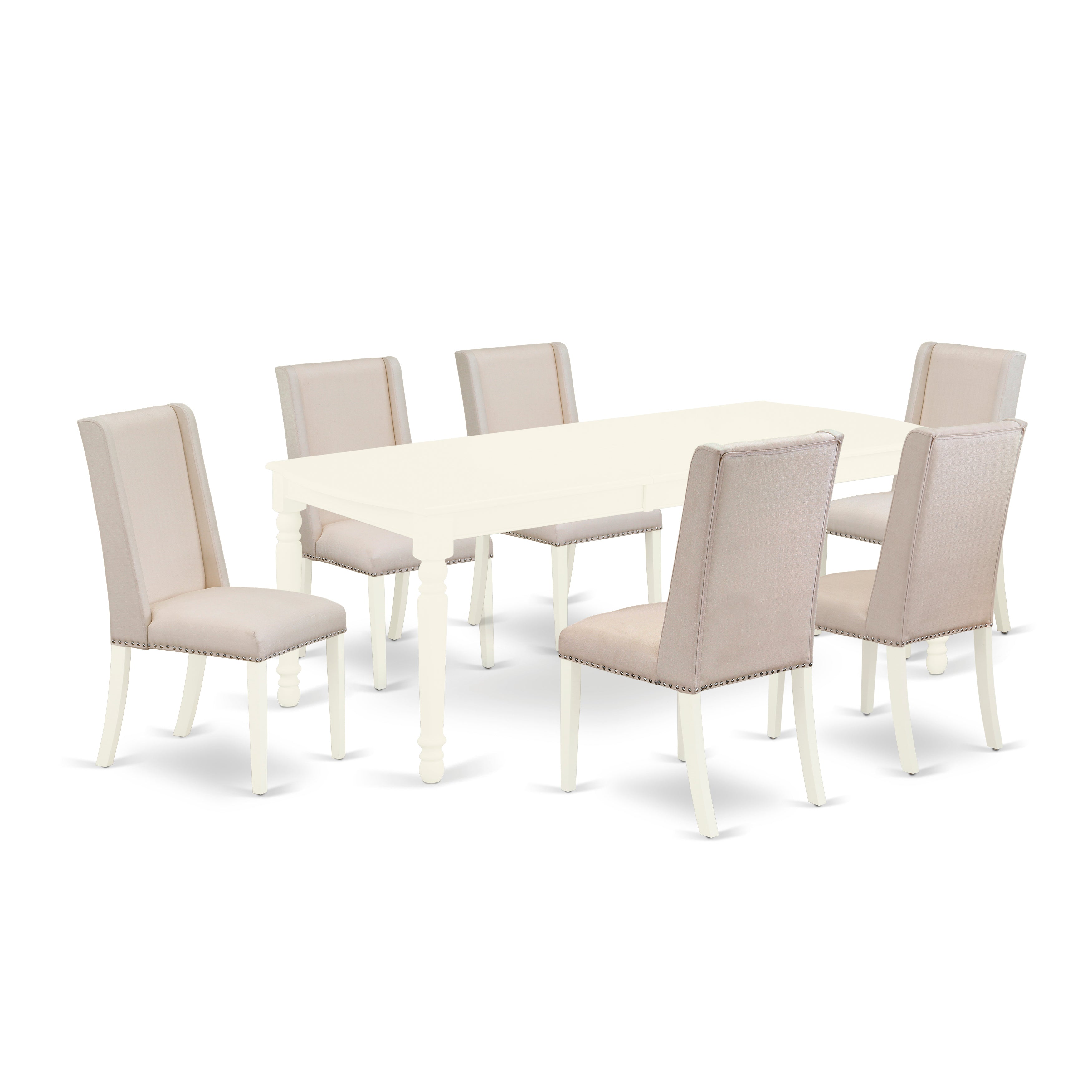 Juego de comedor de 7 piezas East West Furniture DOFL7-LWH-01 compuesto por una mesa rectangular de madera con diseño de hojas de mariposa y 6 sillas Parson de tela de lino color crema.