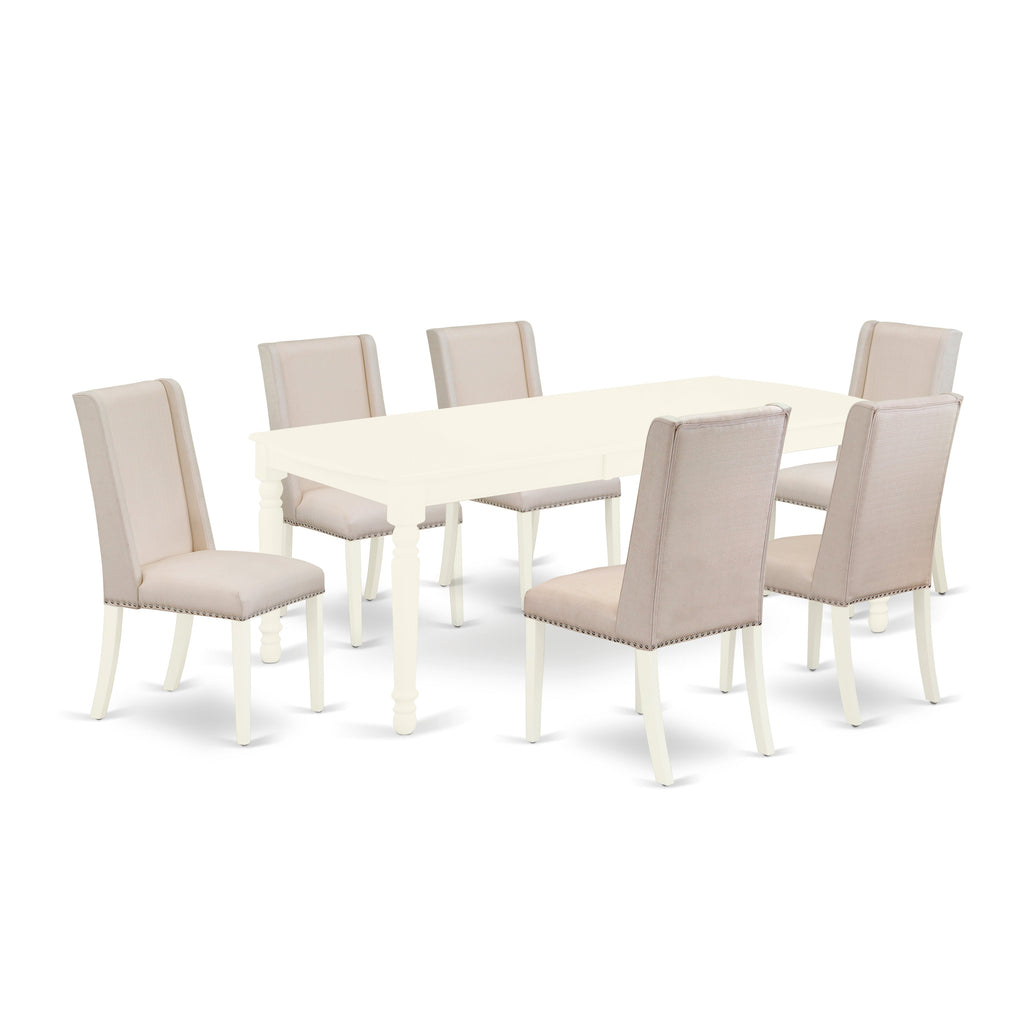 Juego de comedor de 7 piezas East West Furniture DOFL7-LWH-01 compuesto por una mesa rectangular de madera con diseño de hojas de mariposa y 6 sillas Parson de tela de lino color crema.