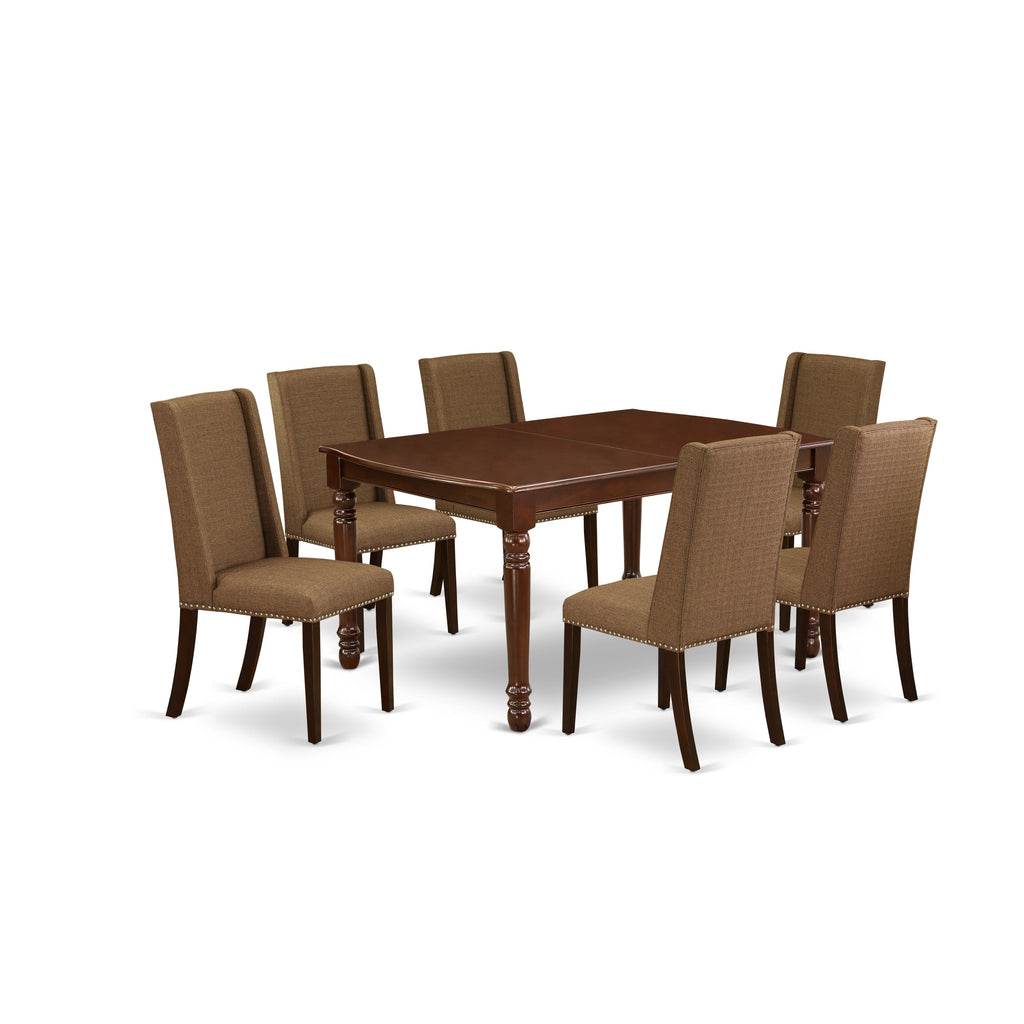 Juego de mesa de comedor de 7 piezas East West Furniture DOFL7-MAH-18 compuesto por una mesa rectangular con diseño de hojas de mariposa y 6 sillas Parson de tela de lino marrón.