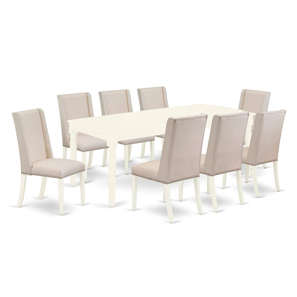 Juego de mesa de comedor de 9 piezas East West Furniture DOFL9-LWH-01. Incluye una mesa rectangular de madera con diseño de hojas de mariposa y 8 sillas tapizadas en tela de lino color crema.