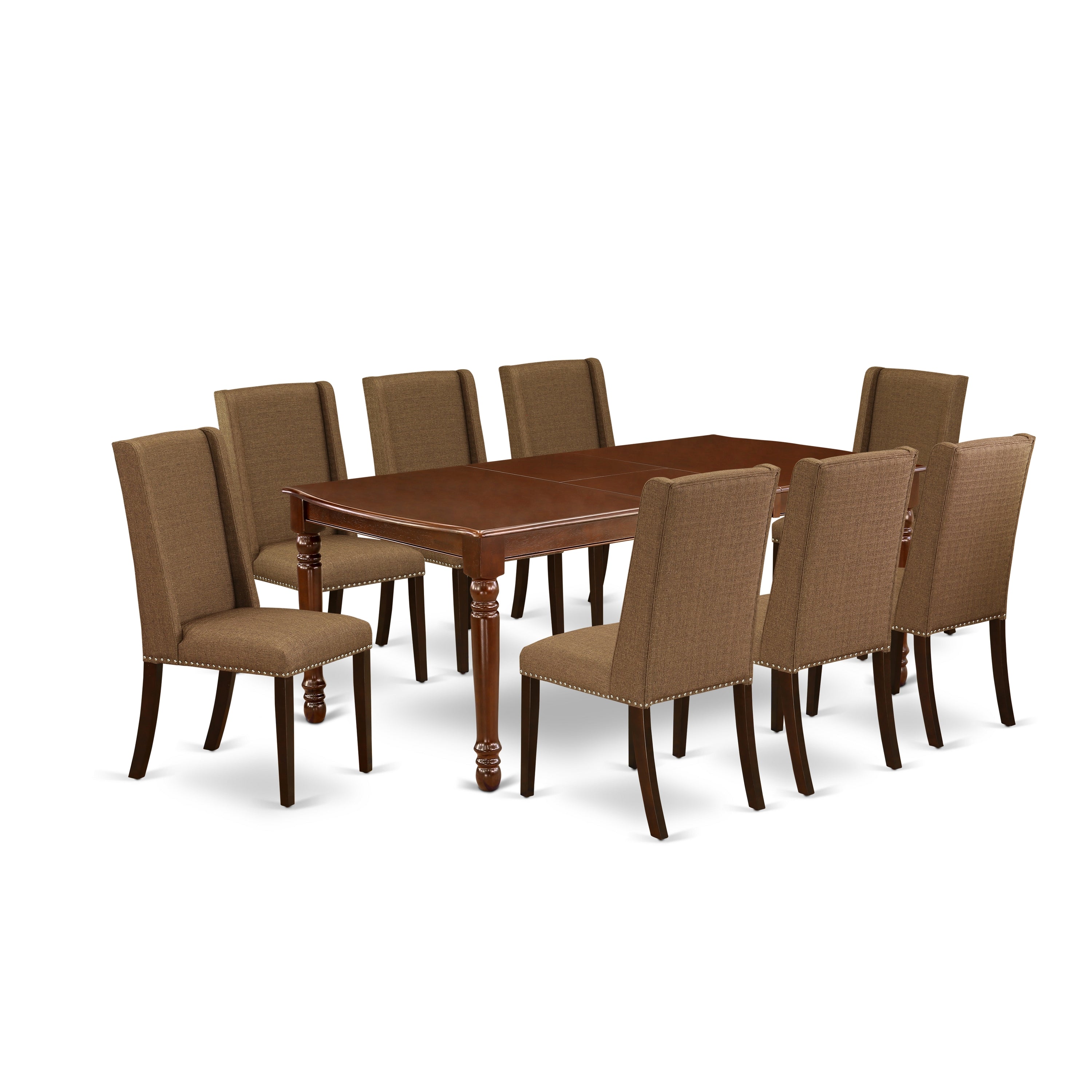 Juego de mesa de comedor moderna de 9 piezas East West Furniture DOFL9-MAH-18. Incluye una mesa rectangular de madera con diseño de hojas de mariposa y 8 sillas Parson de tela de lino marrón.