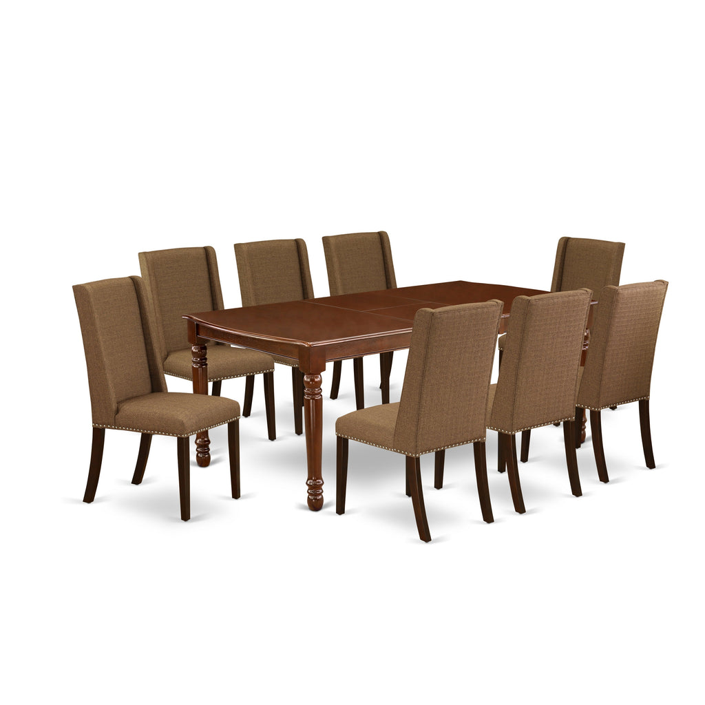 East West Furniture DOFL9-MAH-18 9 Piece Modern Dining Table Set Includes a Rectangle Wooden Table with Butterfly Leaf and 8 Brown Linen Linen Fabric Parson Chairs