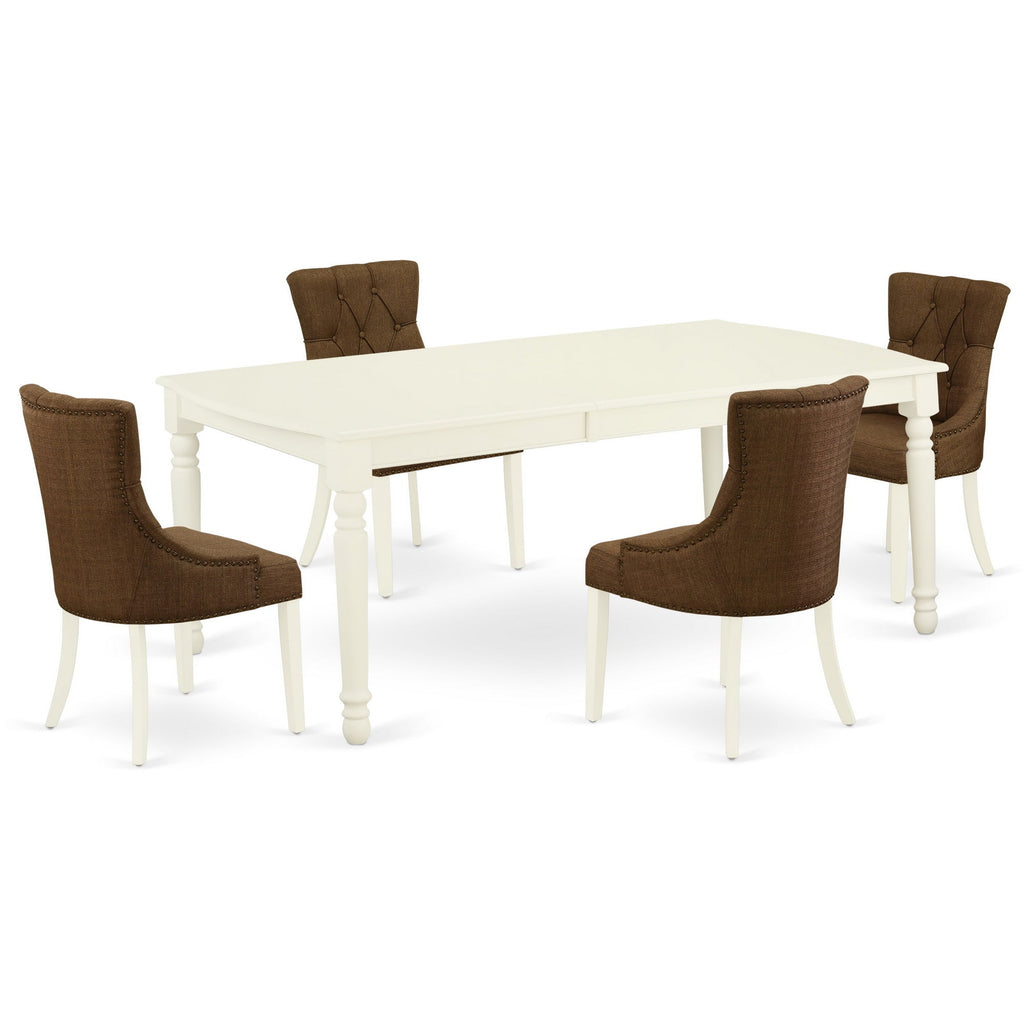 East West Furniture DOFR5-LWH-18 5 Piece Dinette Set Includes a Rectangle Dining Table with Butterfly Leaf and 4 Brown Linen Linen Fabric Parson Dining Chairs