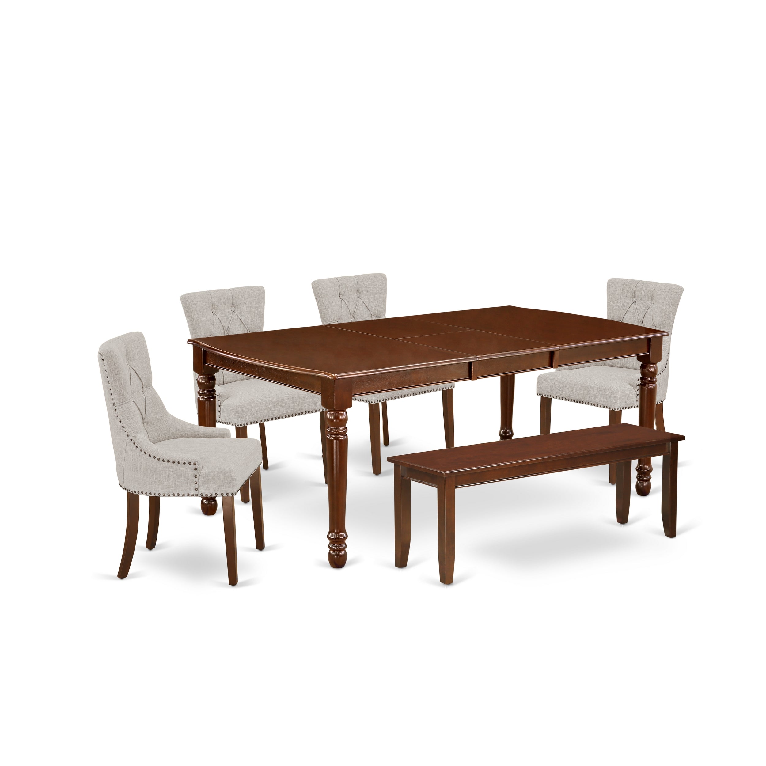 Juego de comedor de 6 piezas East West Furniture DOFR6-MAH-05. Contiene una mesa de comedor rectangular con hojas de mariposa y 4 sillas Parson de tela de lino y piel de venado con un banco.