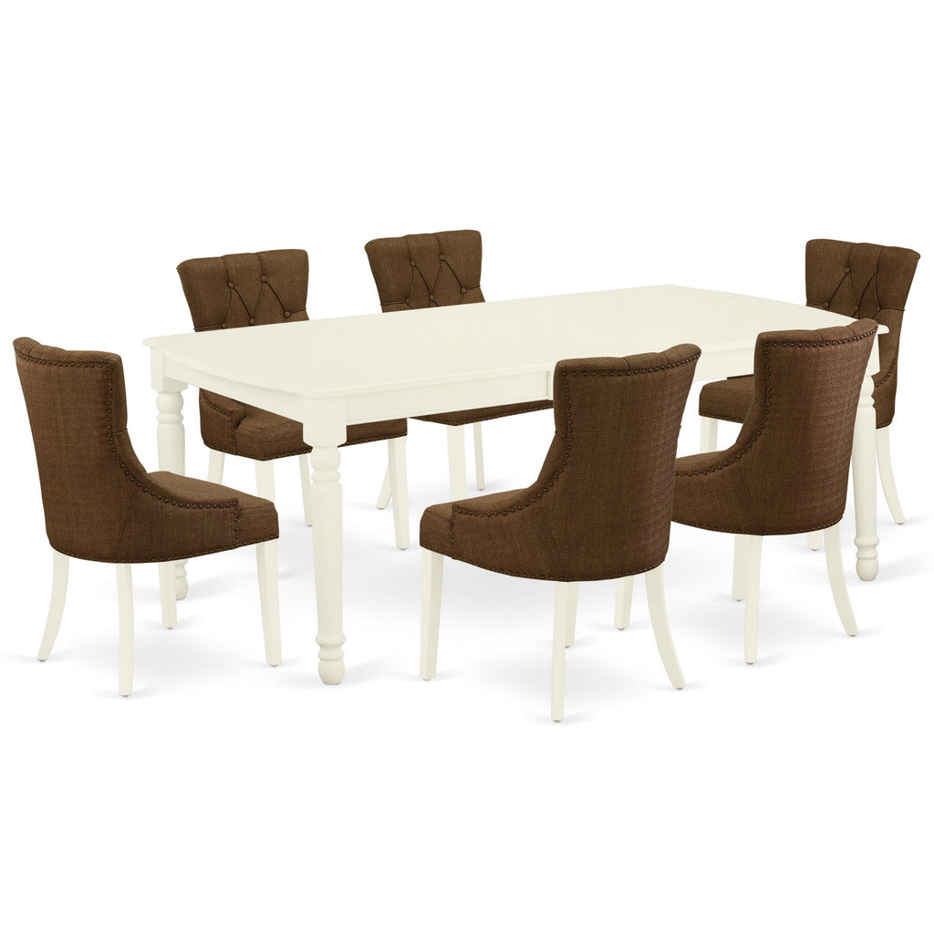 East West Furniture DOFR7-LWH-18 7 Piece Dining Room Table Set Consist of a Rectangle Kitchen Table with Butterfly Leaf and 6 Brown Linen Linen Fabric Parsons Chairs