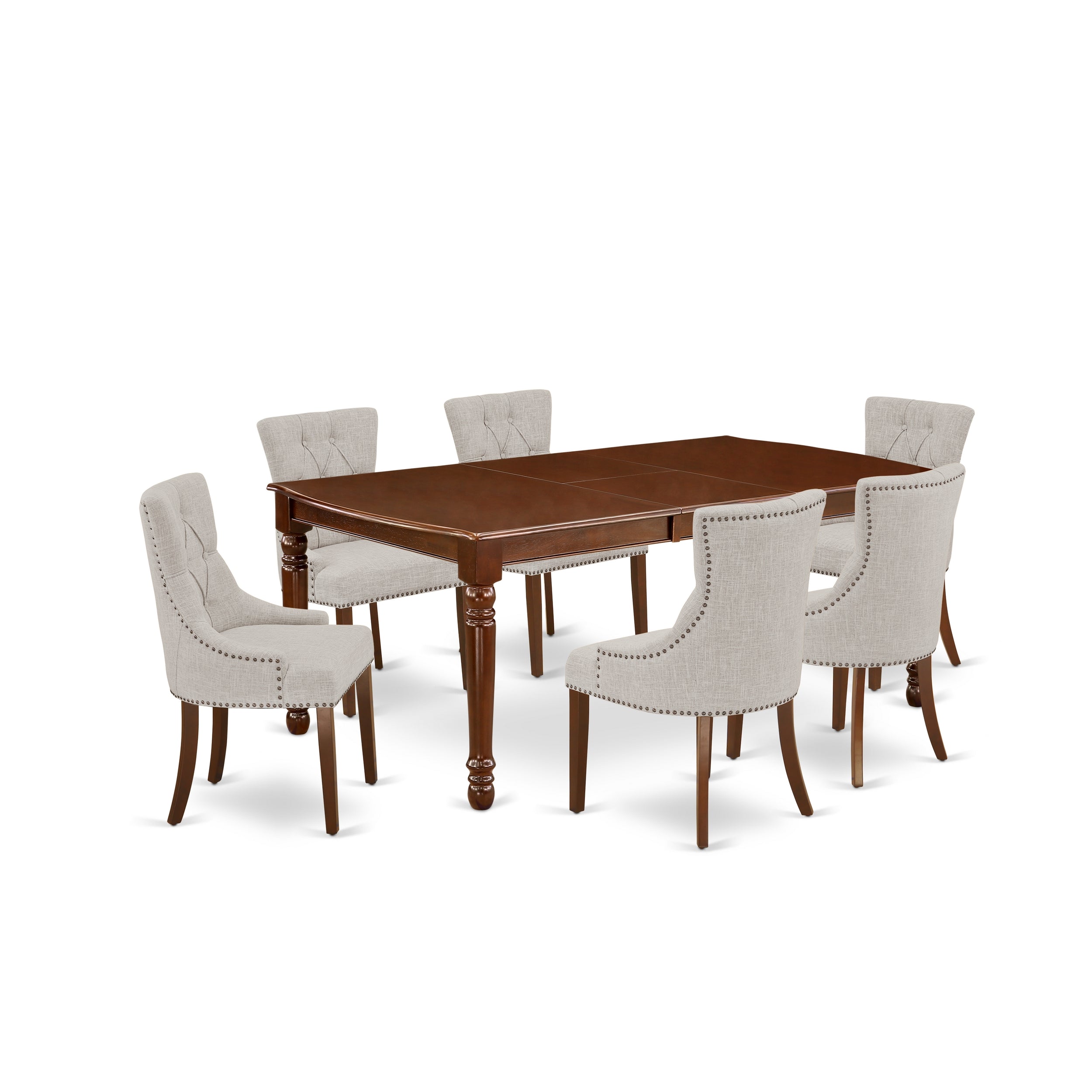 Juego de mesa de comedor de 7 piezas East West Furniture DOFR7-MAH-05 compuesto por una mesa de cocina rectangular con diseño de hojas de mariposa y 6 sillas tapizadas en tela de lino y piel de venado.