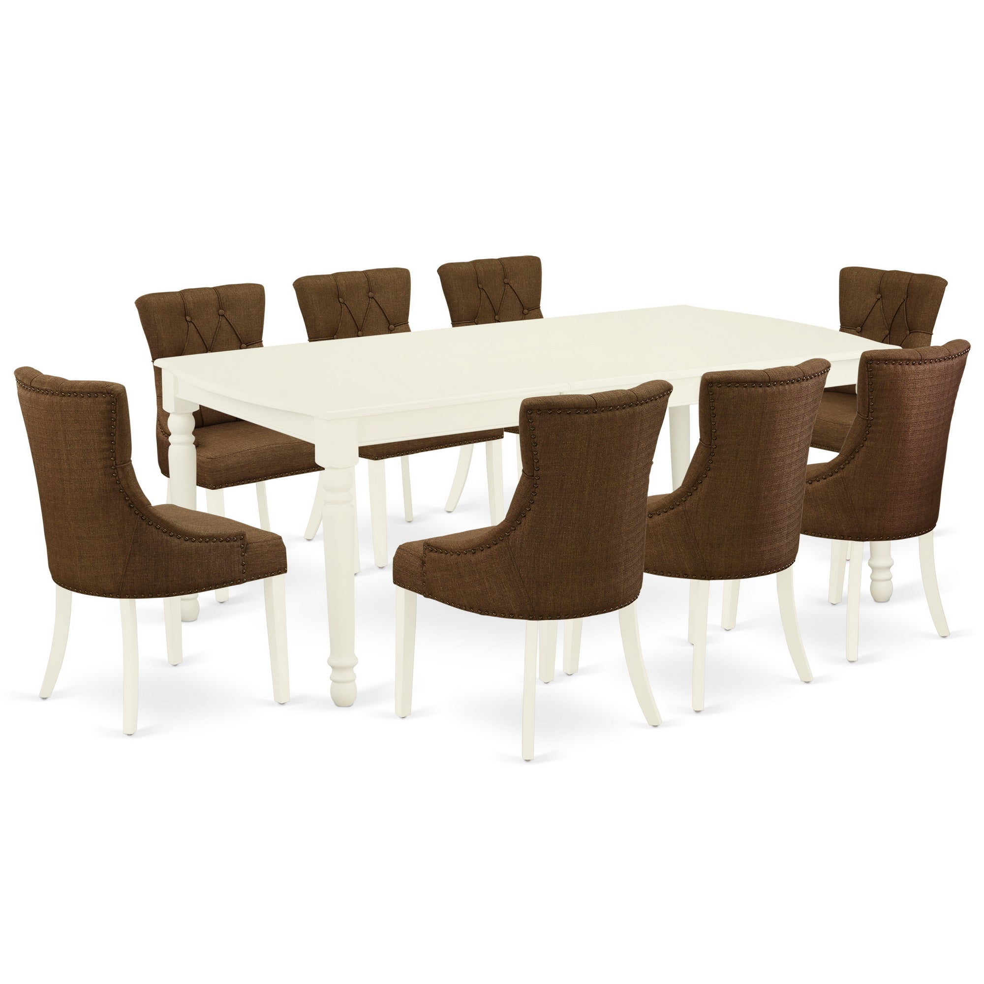El juego de mesa de comedor East West Furniture DOFR9-LWH-18 de 9 piezas incluye una mesa de comedor rectangular con diseño de hojas de mariposa y 8 sillas Parson de tela de lino marrón.