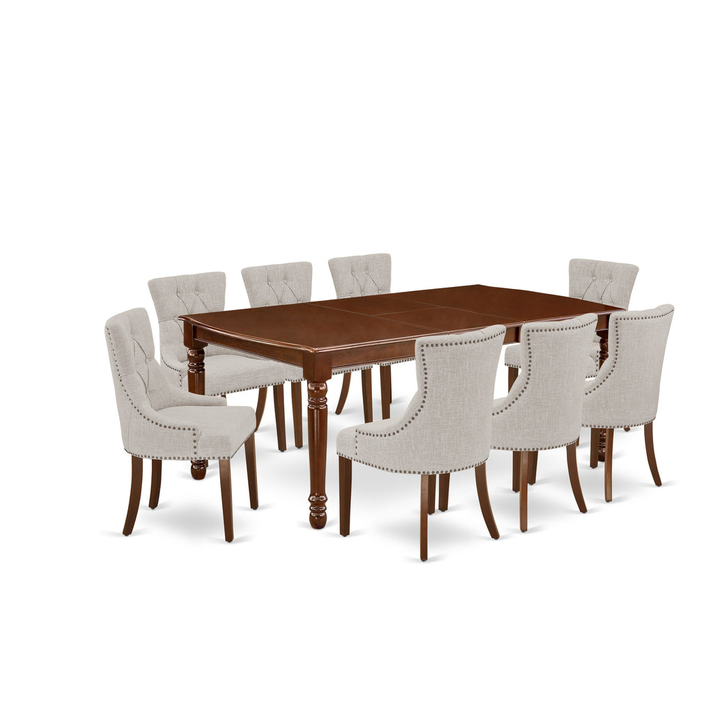 East West Furniture DOFR9-MAH-05 9 Piece Dining Room Table Set Includes a Rectangle Kitchen Table with Butterfly Leaf and 8 Doeskin Linen Fabric Parson Dining Chairs