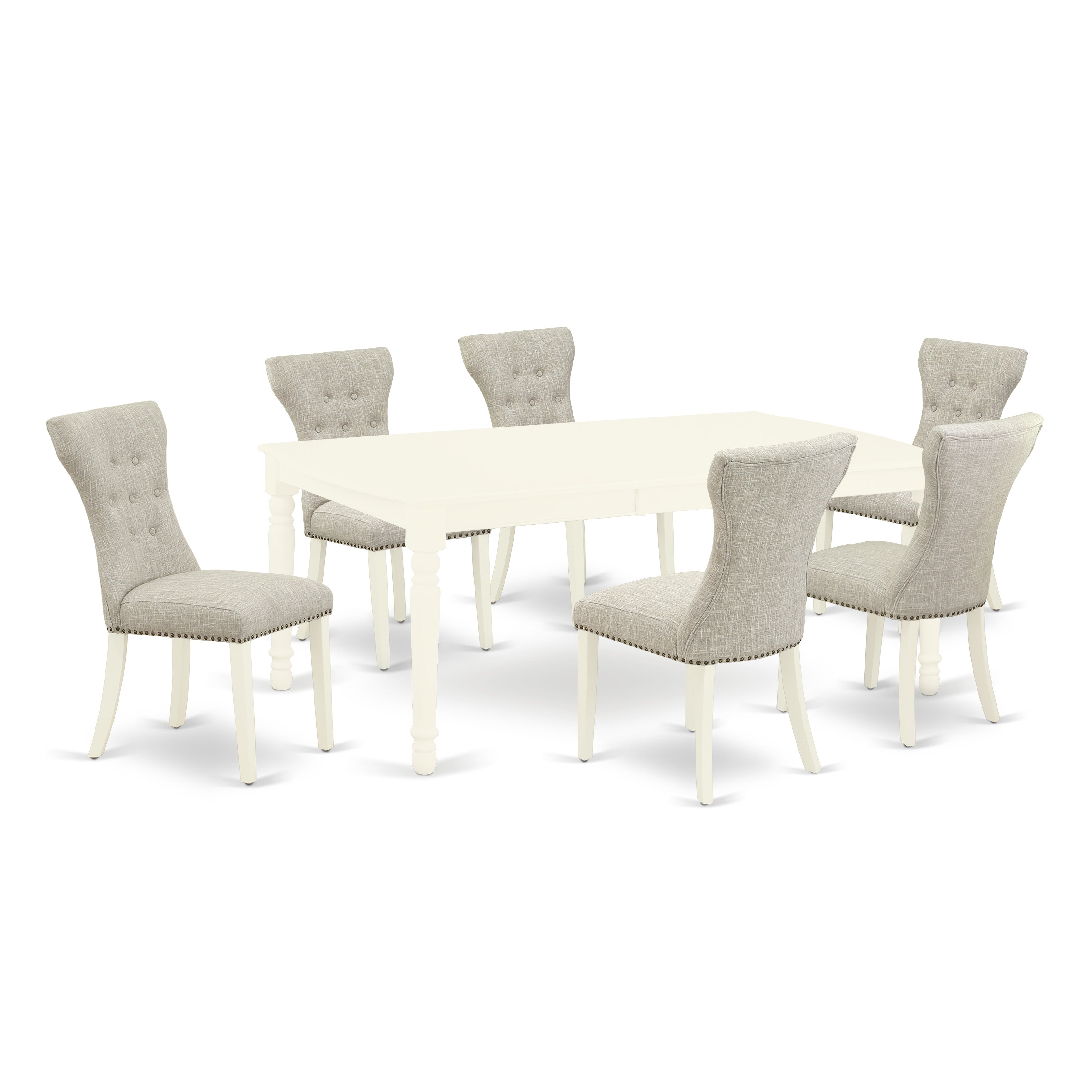 Juego de comedor de 7 piezas DOGA7-LWH-35 de East West Furniture: mesa rectangular con diseño de hojas de mariposa y 6 sillas tapizadas en tela de lino y piel de venado.