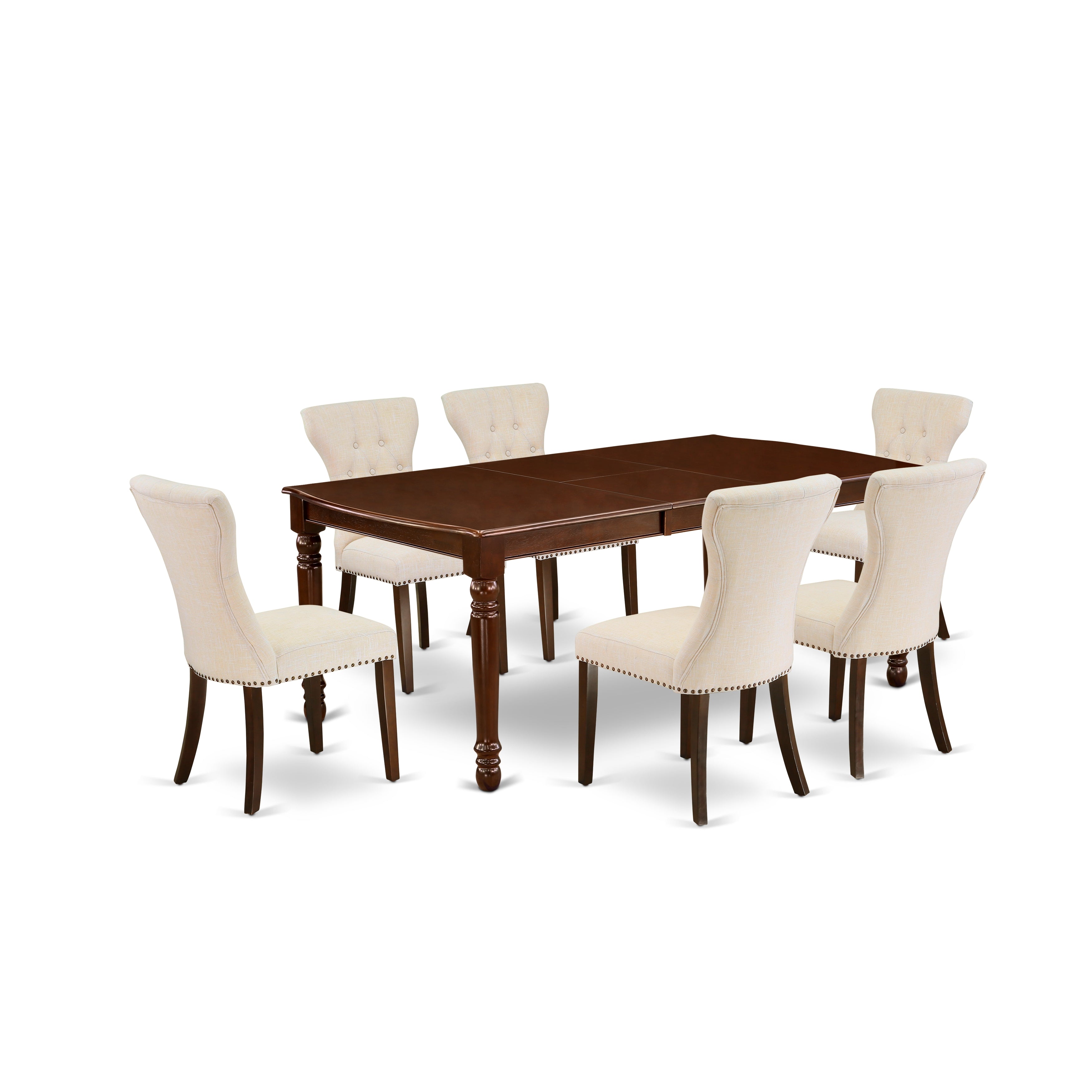 Juego de mesa de comedor de 7 piezas DOGA7-MAH-32 de East West Furniture: mesa rectangular con diseño de hojas en mariposa y 6 sillas tapizadas en tela de lino beige claro.