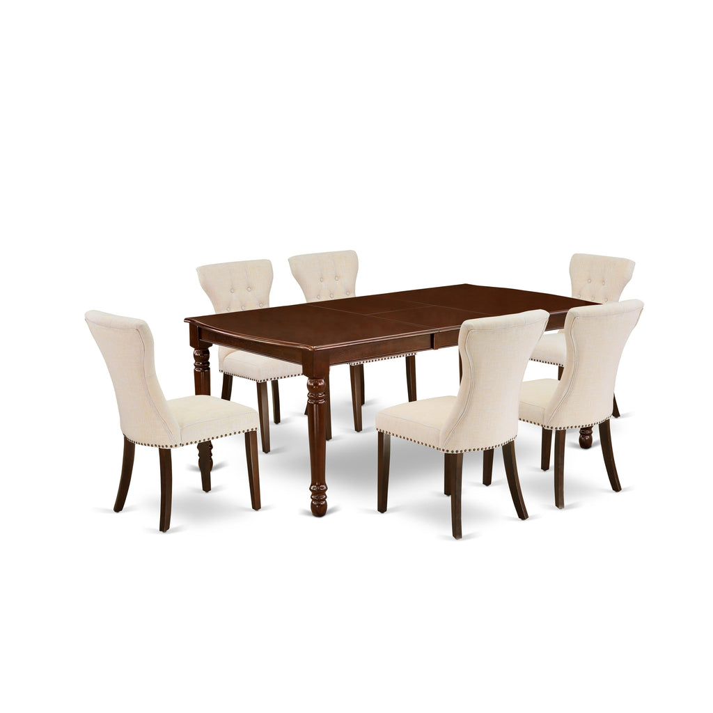 East West Furniture DOGA7-MAH-32 7 Piece Dining Table Set Consist of a Rectangle Table with Butterfly Leaf and 6 Light Beige Linen Fabric Upholstered Chairs