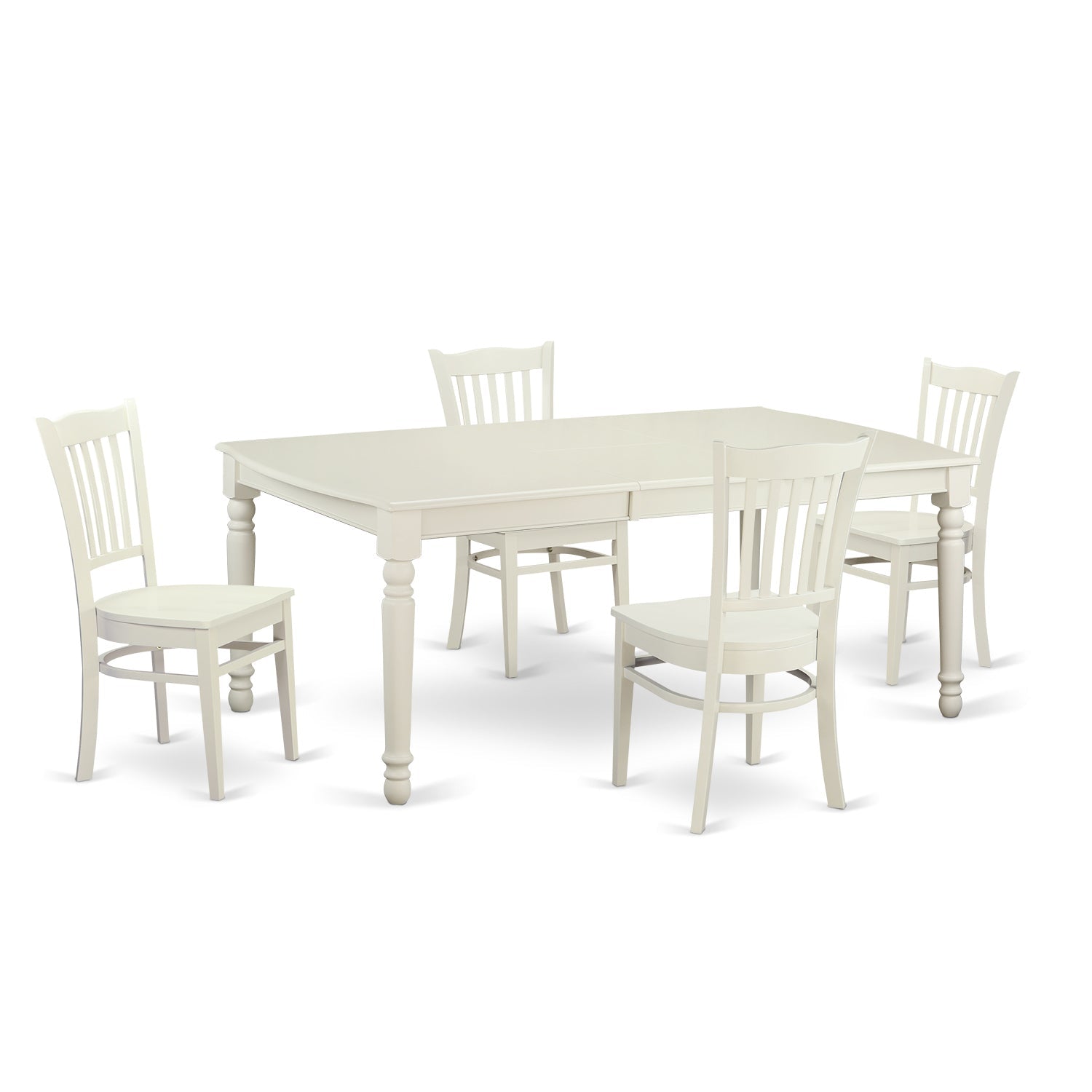 Juego de mesa y sillas de cocina de 5 piezas DOGR5-LWH-W de East West Furniture. Incluye una mesa de comedor rectangular con hojas de mariposa y 4 sillas con asiento de madera maciza.
