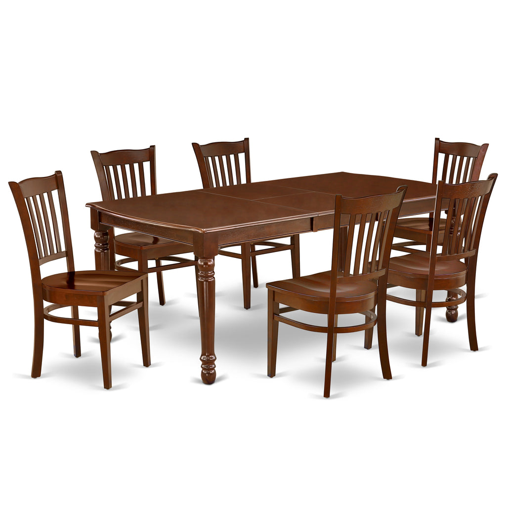 East West Furniture DOGR7-MAH-W 7 Piece Dining Room Table Set Consist of a Rectangle Kitchen Table with Butterfly Leaf and 6 Dining Chairs