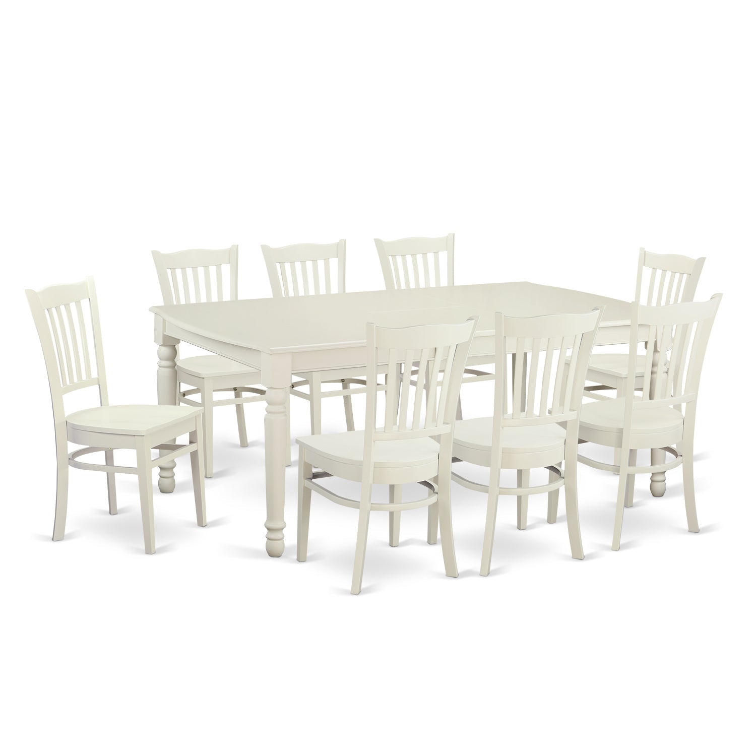 El juego de mesa de cocina de 9 piezas East West Furniture DOGR9-LWH-W incluye una mesa de comedor rectangular con hojas de mariposa y 8 sillas de comedor.