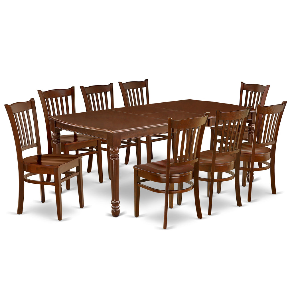 East West Furniture DOGR9-MAH-W 9 Piece Dining Table Set Includes a Rectangle Dining Room Table with Butterfly Leaf and 8 Wood Seat Chairs