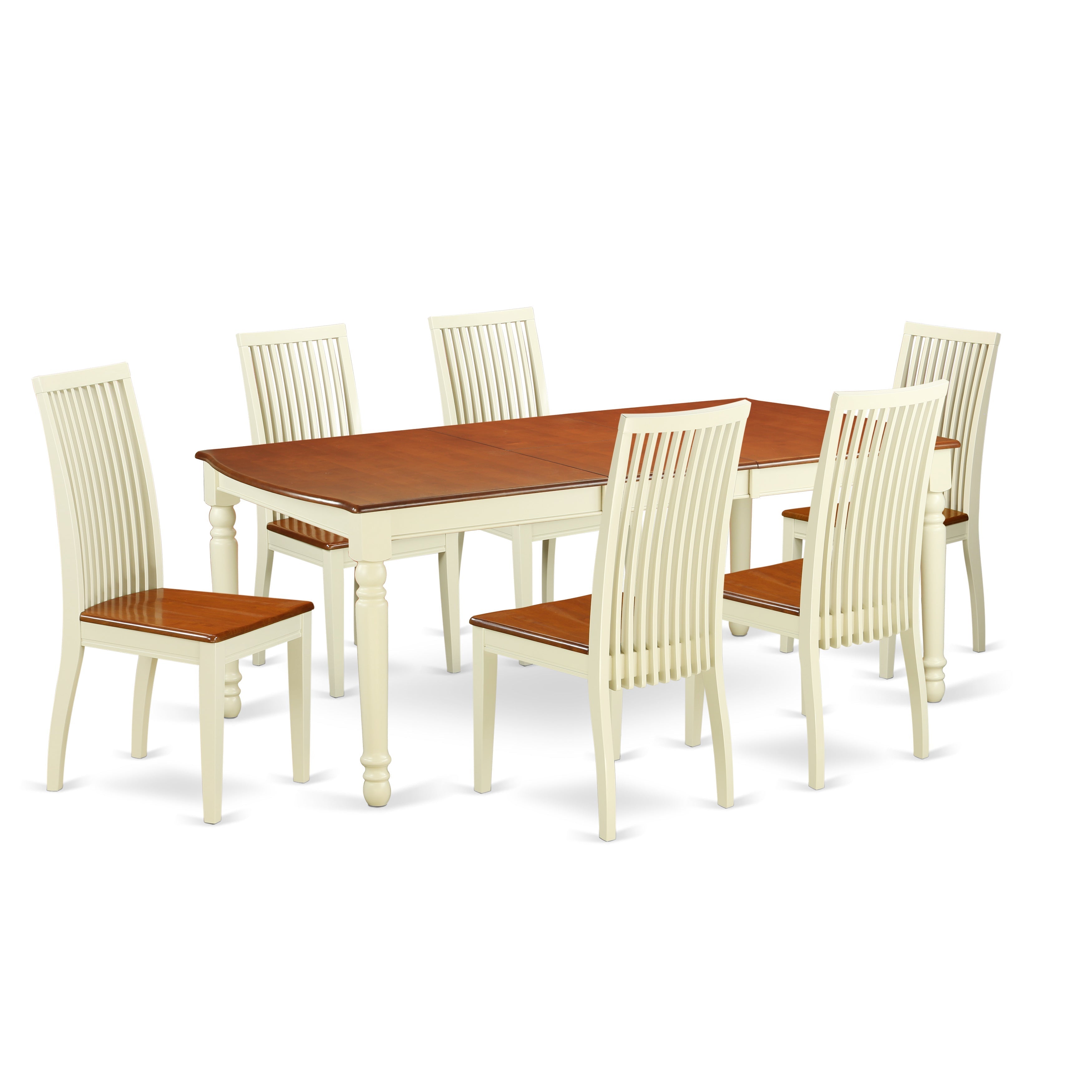 Juego de mesa de comedor moderna de 7 piezas East West Furniture DOIP7-BMK-W compuesto por una mesa rectangular de madera con diseño de hojas de mariposa y 6 sillas de comedor de cocina.