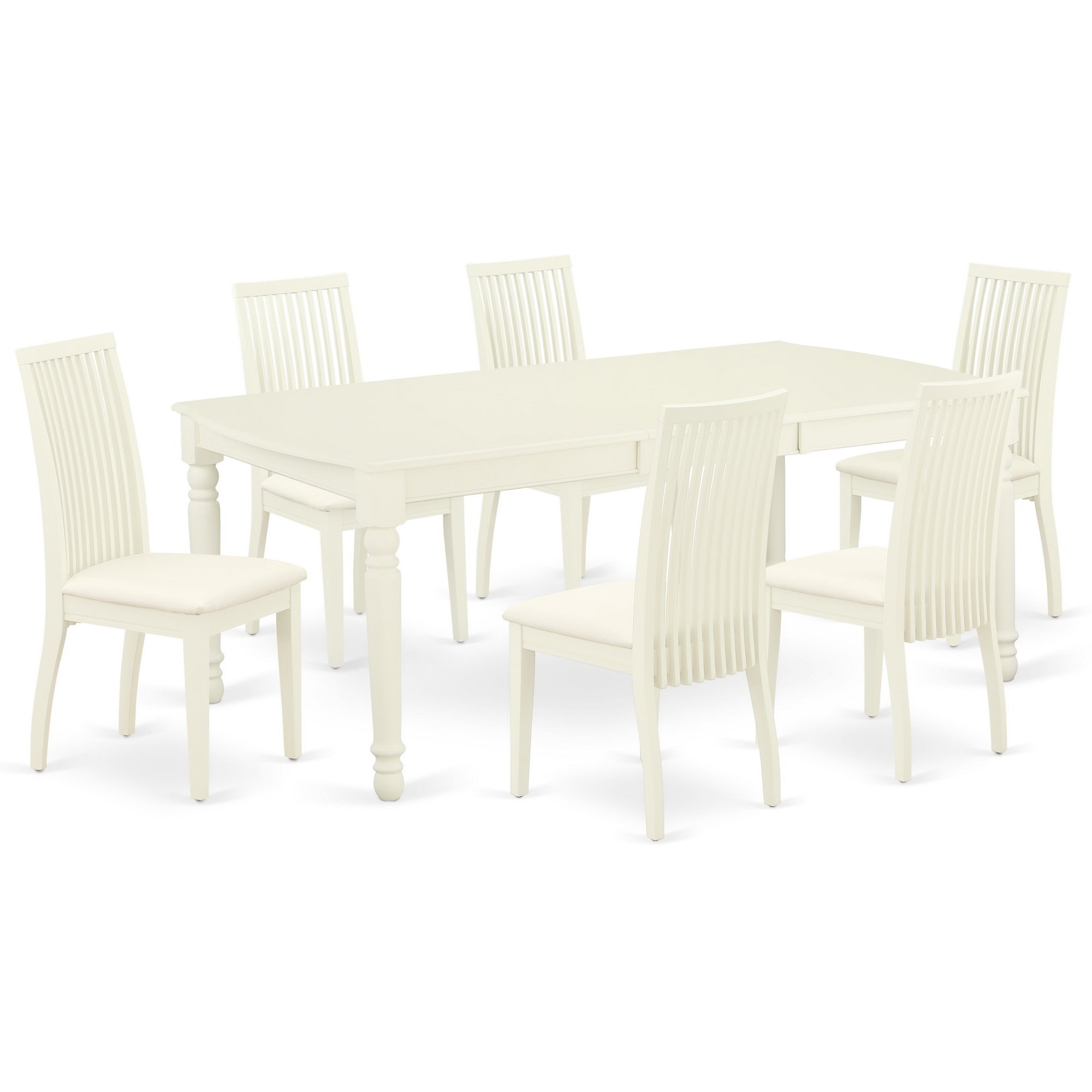 Juego de mesa de cocina de 7 piezas East West Furniture DOIP7-LWH-C. Incluye una mesa de comedor rectangular con hojas de mariposa y 6 sillas de comedor tapizadas en tela de lino.