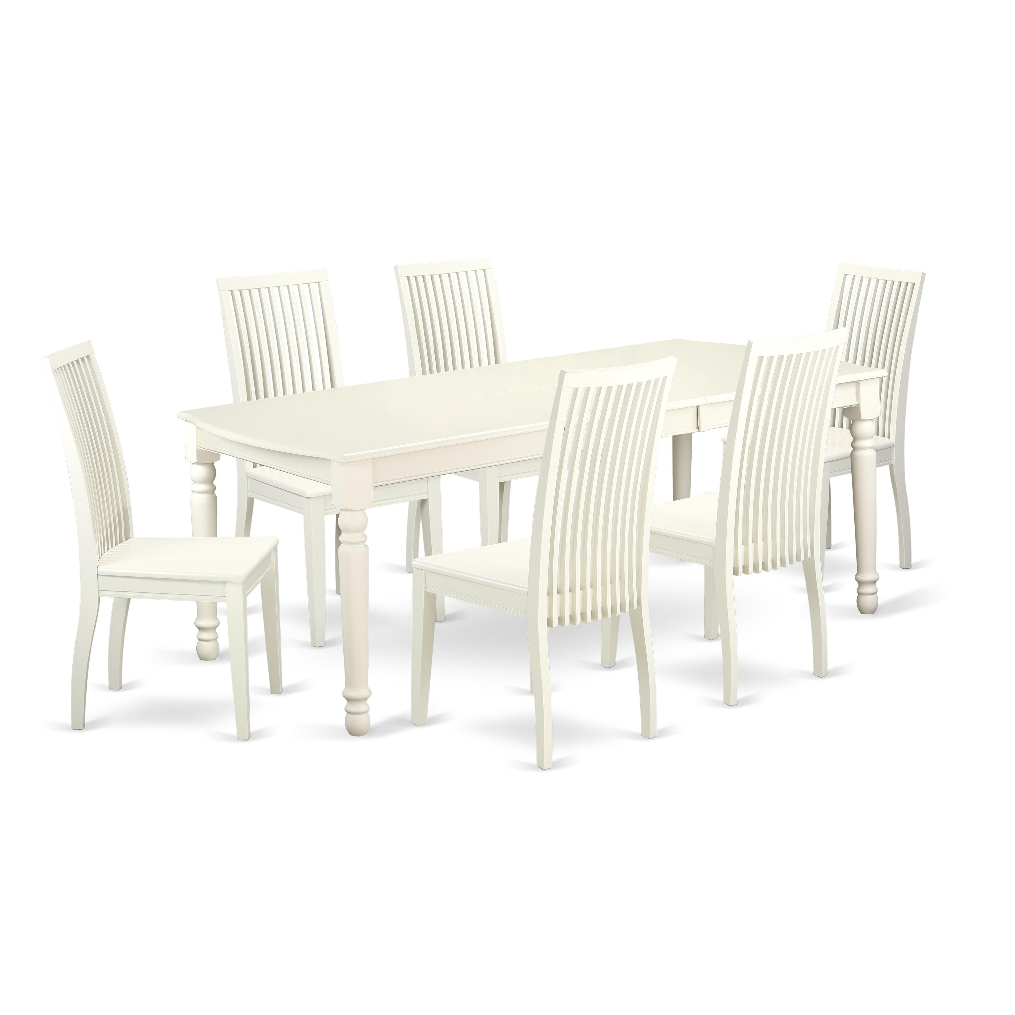 Juego de mesa de comedor de 7 piezas East West Furniture DOIP7-LWH-W compuesto por una mesa rectangular con hojas de mariposa y 6 sillas de madera.