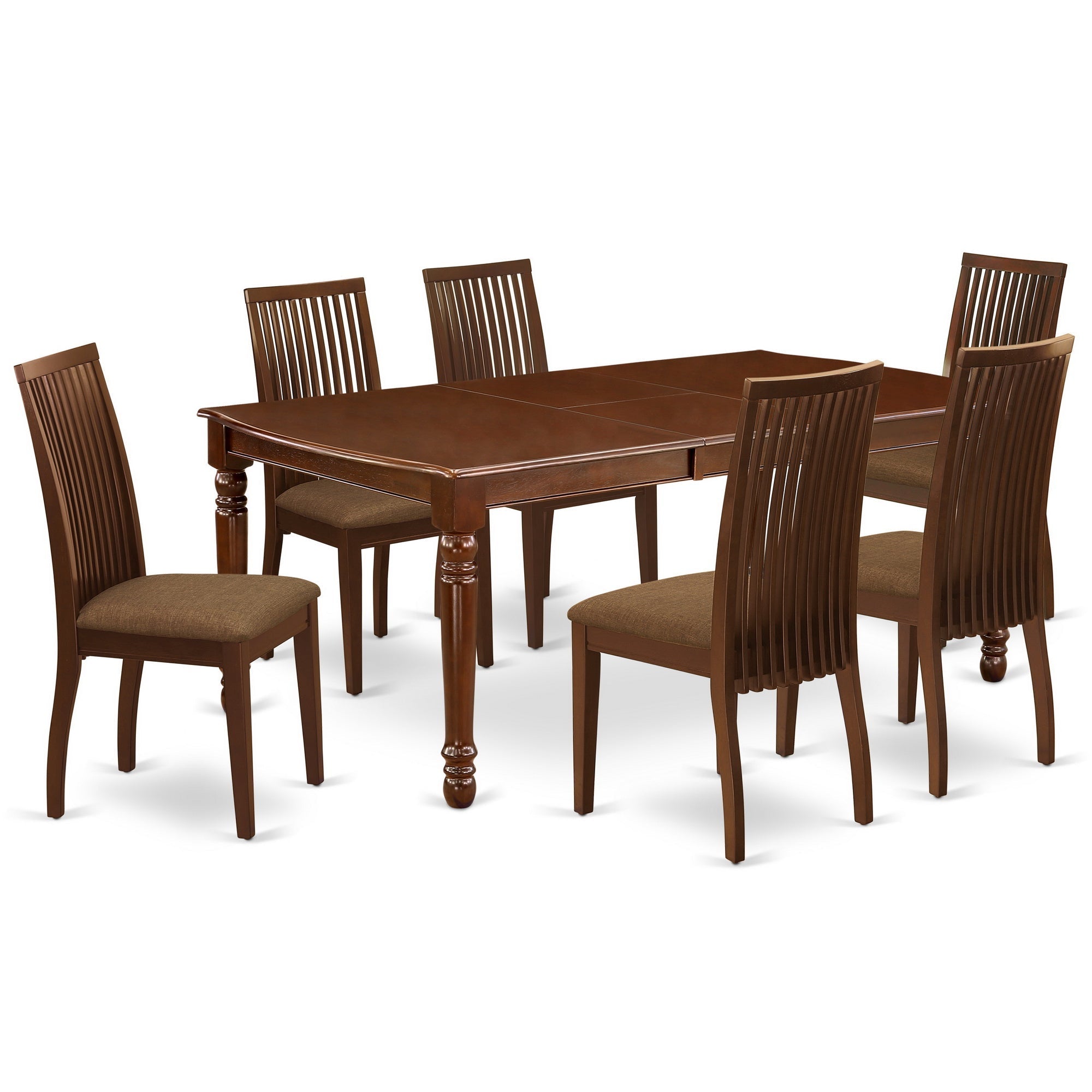Juego de mesa de cocina de 7 piezas East West Furniture DOIP7-MAH-C compuesto por una mesa de comedor rectangular con hojas de mariposa y 6 sillas de comedor tapizadas en tela de lino.