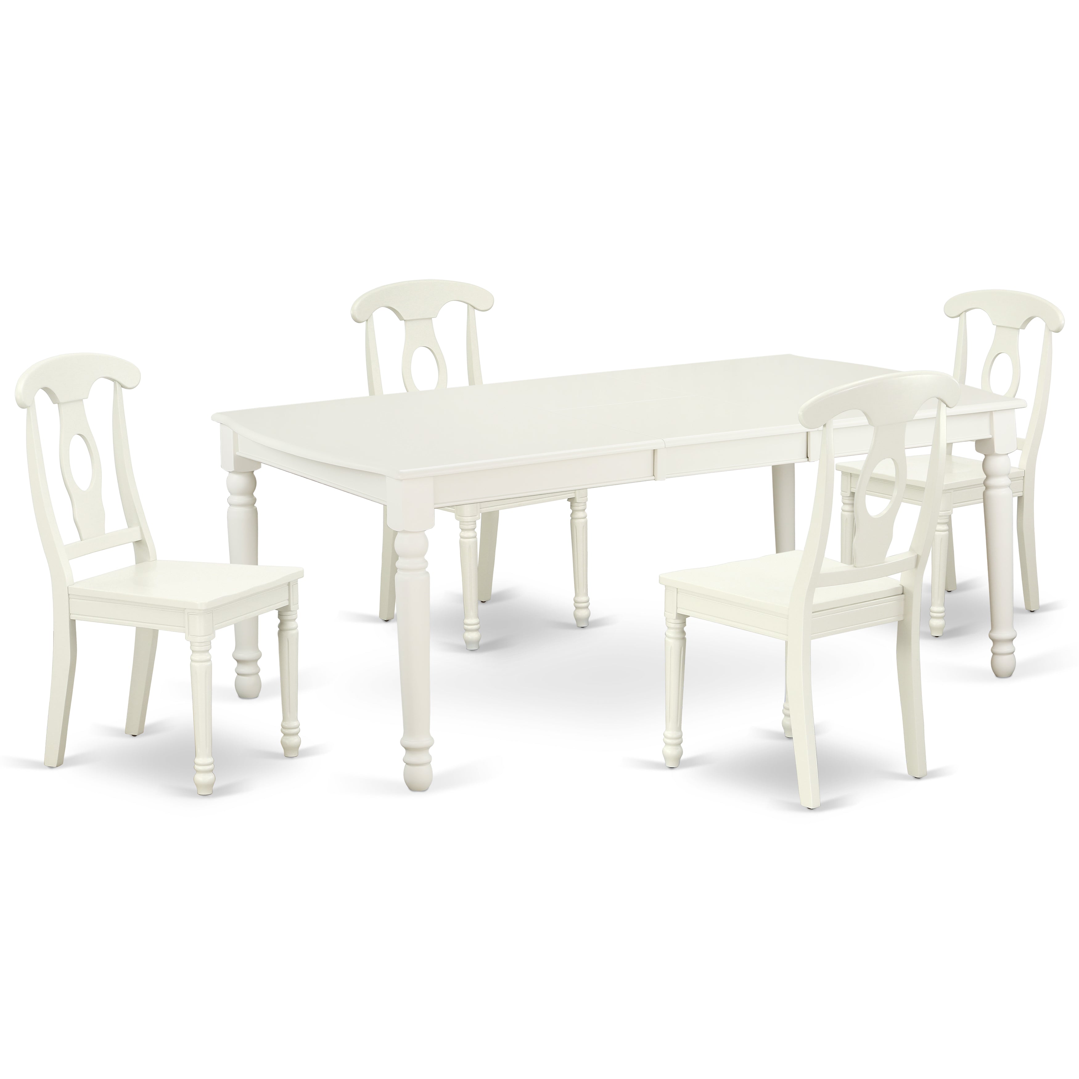 Juego de mesa de cocina de 5 piezas East West Furniture DOKE5-LWH-W para 4 personas. Incluye una mesa de comedor rectangular con diseño de hojas de mariposa y 4 sillas con asiento de madera maciza.