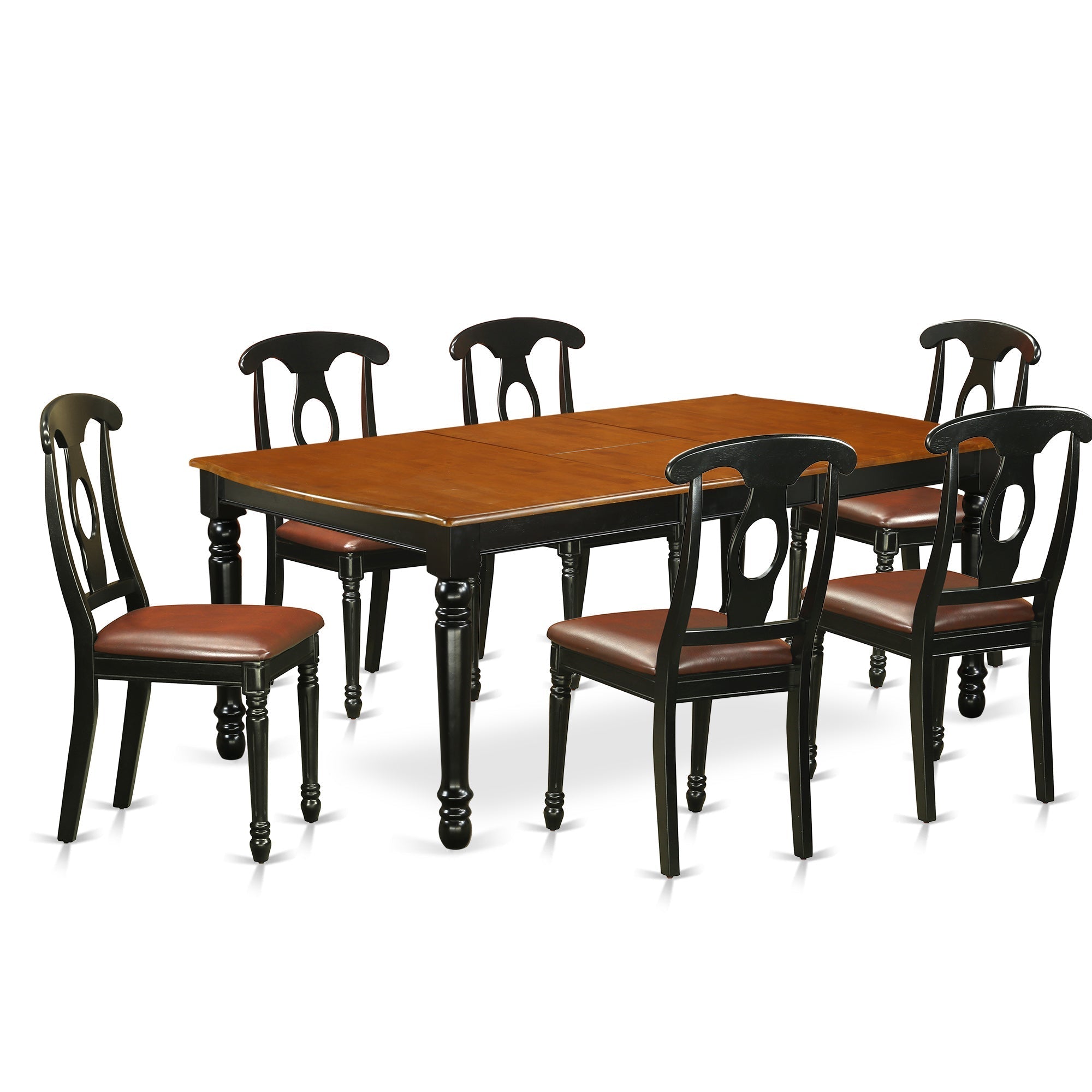 Juego de comedor de 7 piezas East West Furniture DOKE7-BCH-LC compuesto por una mesa rectangular de madera con diseño de hojas de mariposa y 6 sillas tapizadas en piel sintética.