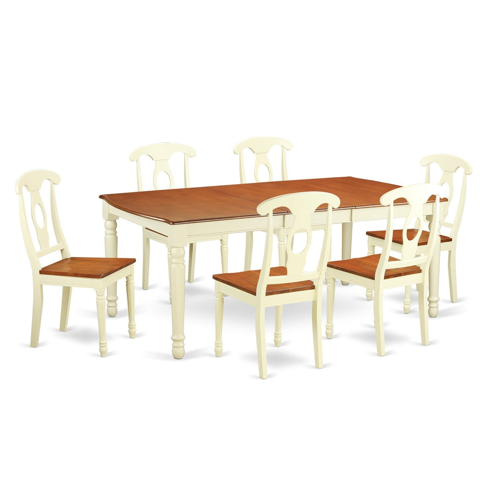 East West Furniture DOKE7-WHI-W 7 Piece Kitchen Table & Chairs Set Consist of a Rectangle Dining Room Table with Butterfly Leaf and 6 Solid Wood Seat Chairs, 42x78 Inch, Buttermilk & Cherry