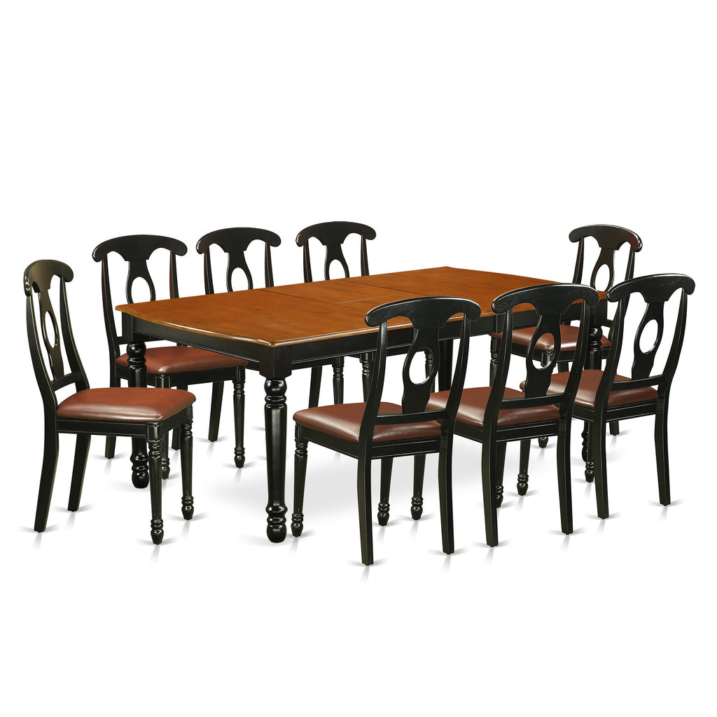 El juego de mesa de comedor East West Furniture DOKE9-BCH-LC de 9 piezas incluye una mesa de comedor rectangular con hojas de mariposa y 8 sillas tapizadas en piel sintética.