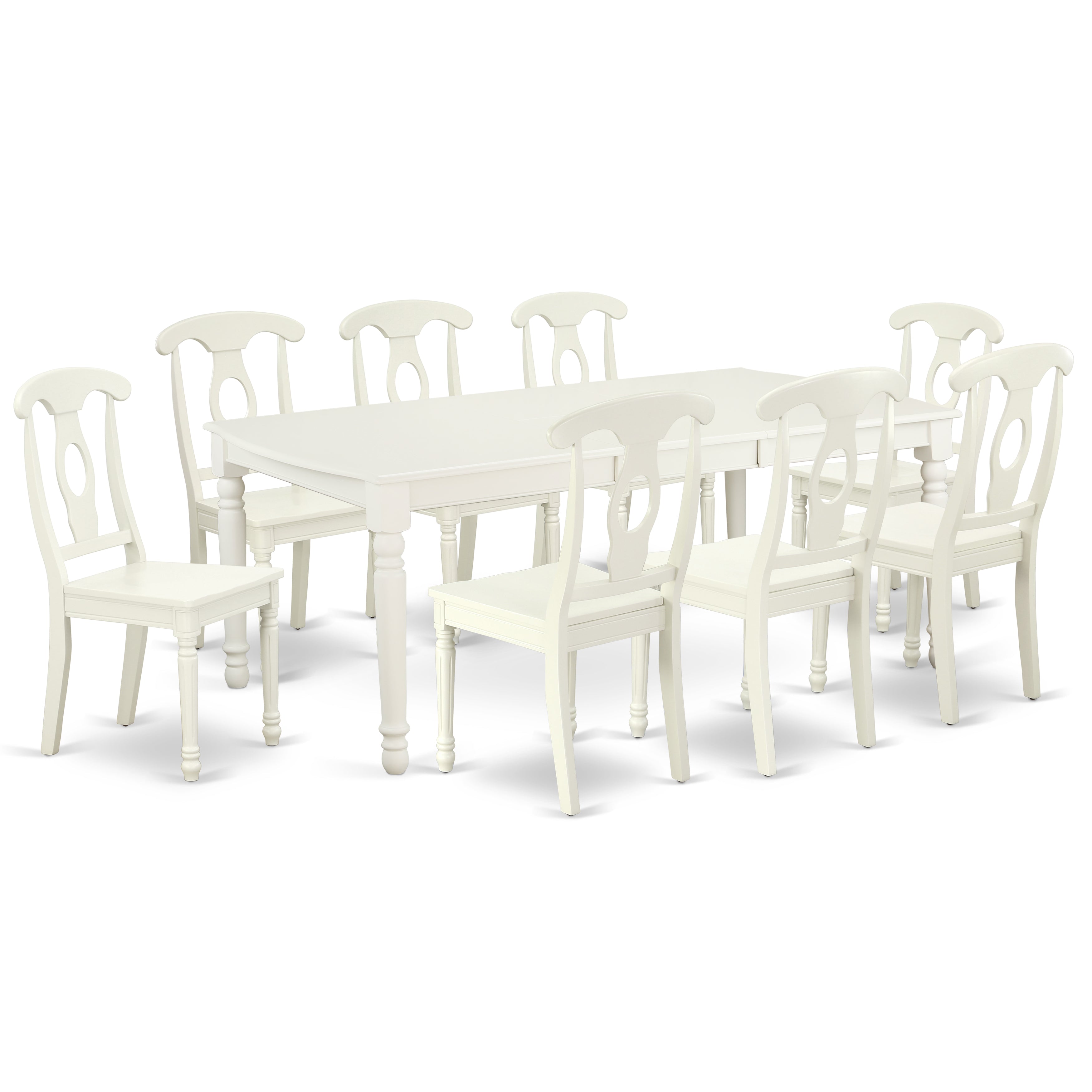 DOKE9-LWH-W 9PC Rectangular 60/78 inch Table with 18 In Leaf and 8 Panel Back Chairs