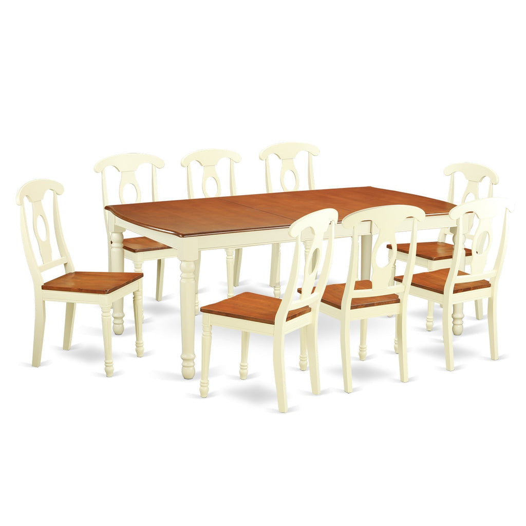 El juego de muebles de comedor East West Furniture DOKE9-WHI-W de 9 piezas incluye una mesa rectangular de madera con hojas de mariposa y 8 sillas de comedor de cocina.