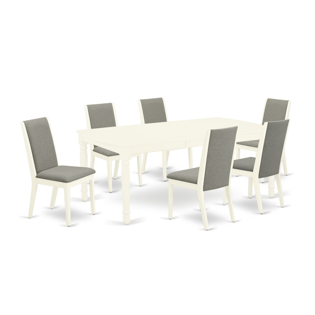 East West Furniture DOLA7-LWH-06 7 Piece Dining Set Consist of a Rectangle Dining Room Table with Butterfly Leaf and 6 Shitake Linen Fabric Upholstered Chairs