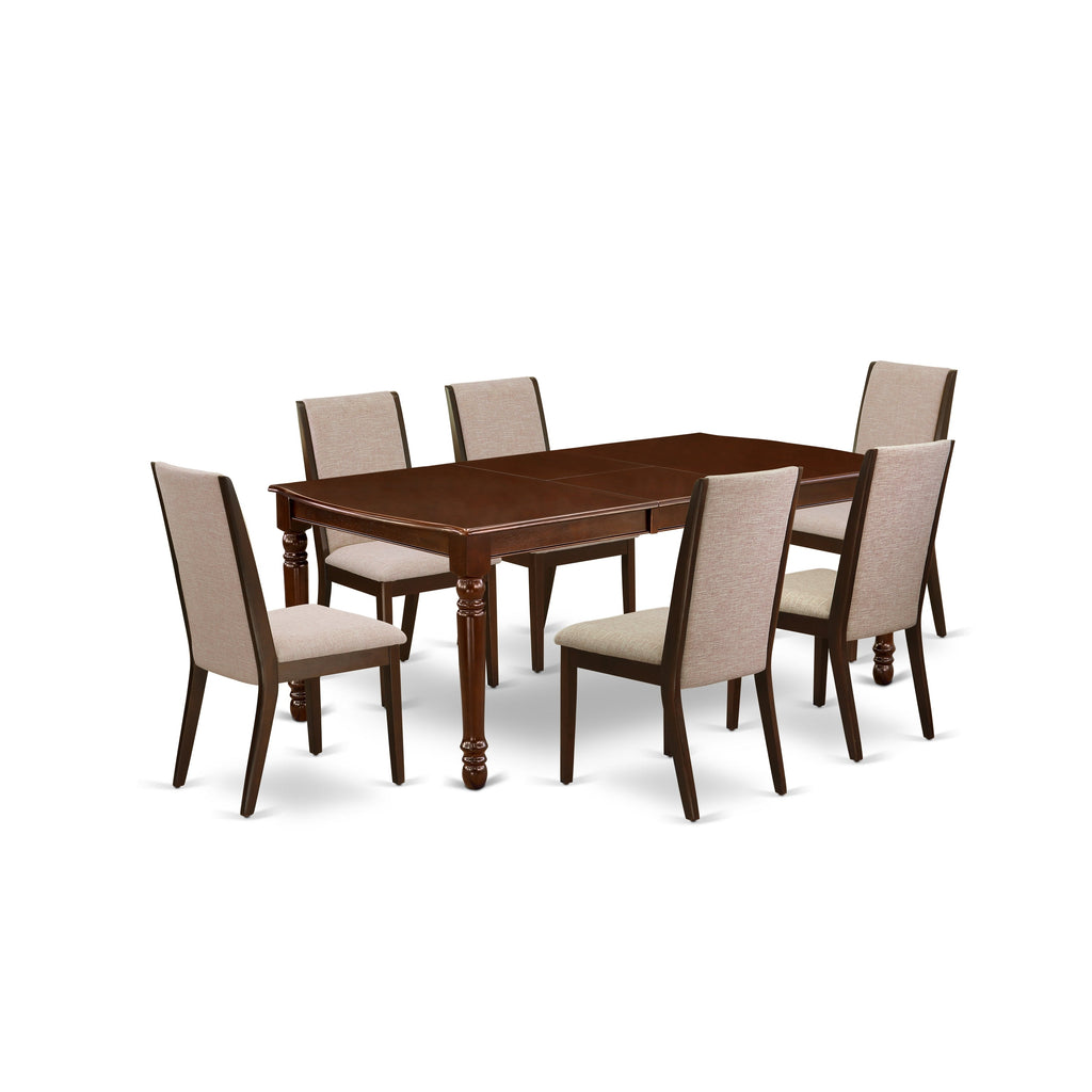East West Furniture DOLA7-MAH-04 7 Piece Dining Table Set Consist of a Rectangle Dining Room Table with Butterfly Leaf and 6 Light Tan Linen Fabric Parsons Chairs