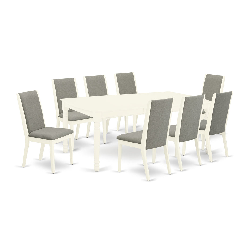 East West Furniture DOLA9-LWH-06 9 Piece Dining Table Set Includes a Rectangle Dining Room Table with Butterfly Leaf and 8 Shitake Linen Fabric Upholstered Chairs