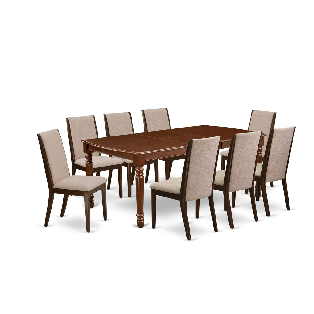 East West Furniture DOLA9-MAH-04 9 Piece Modern Dining Table Set Includes a Rectangle Wooden Table with Butterfly Leaf and 8 Light Tan Linen Fabric Parsons Chairs