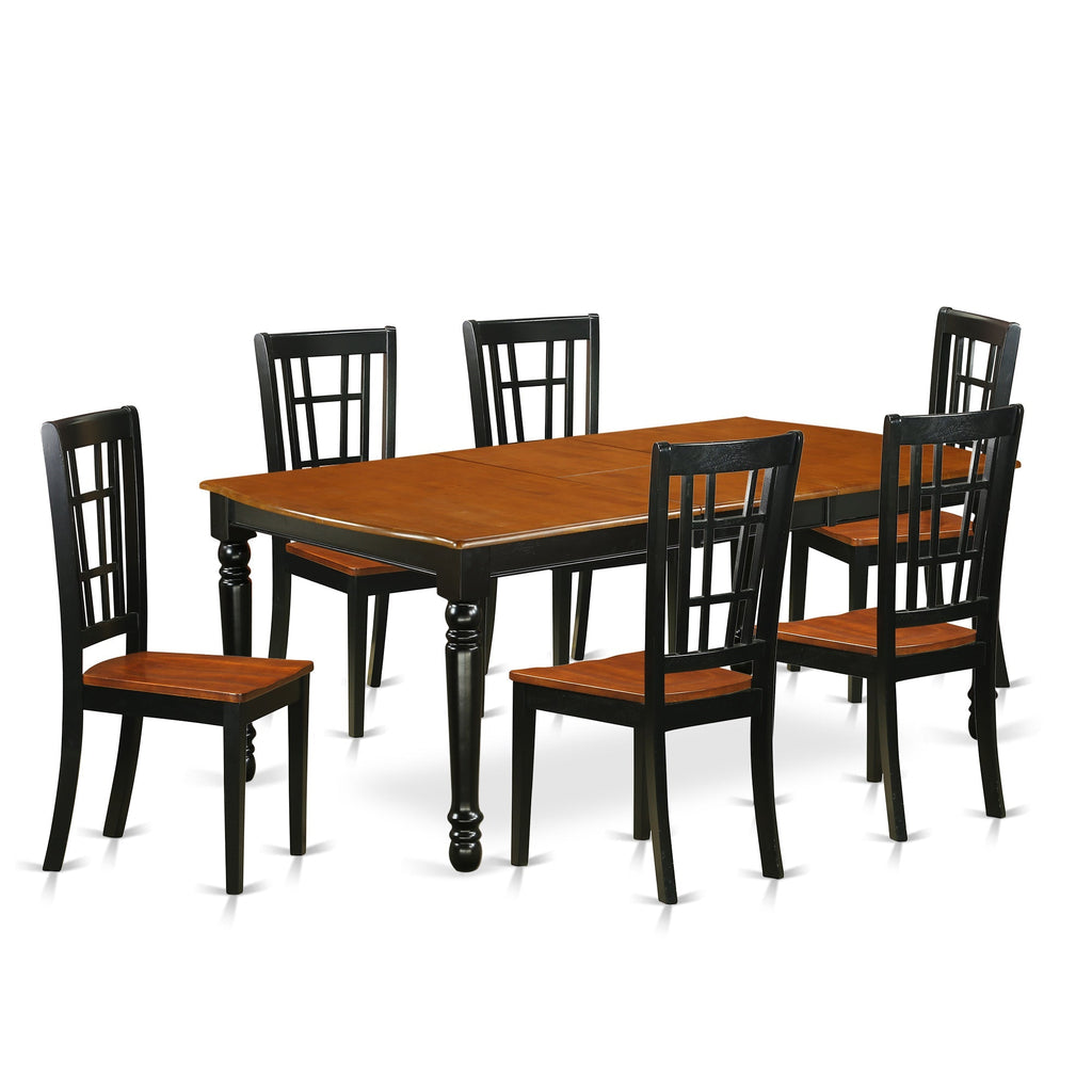 Juego de mesa de comedor moderna de 7 piezas DONI7-BCH-W de East West Furniture. Consta de una mesa rectangular de madera con diseño de hojas de mariposa y 6 sillas de comedor.